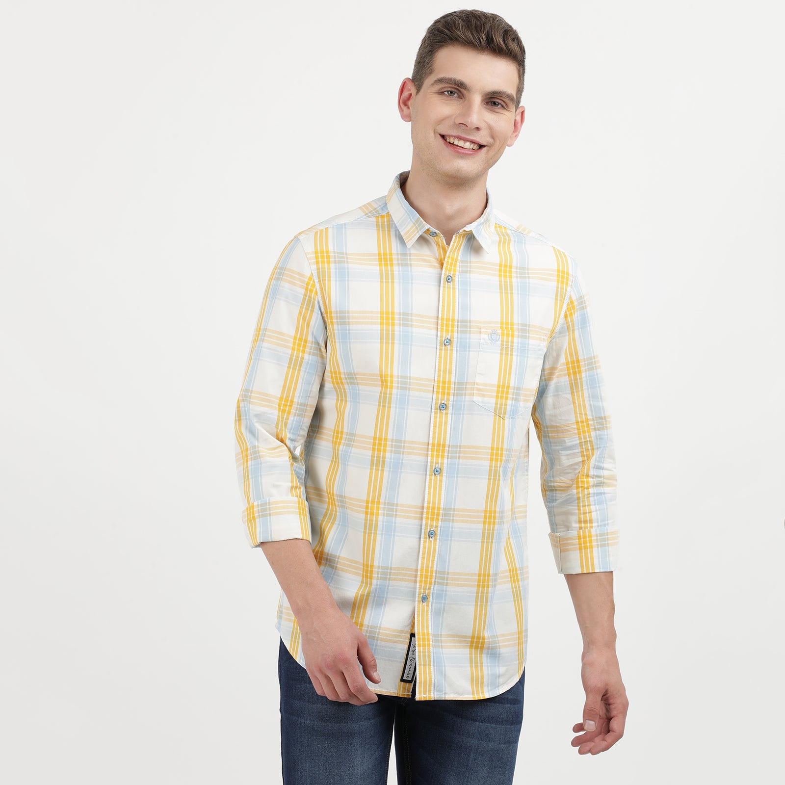 Men's Yellow and Light Blue Plaid Button Down Shirt