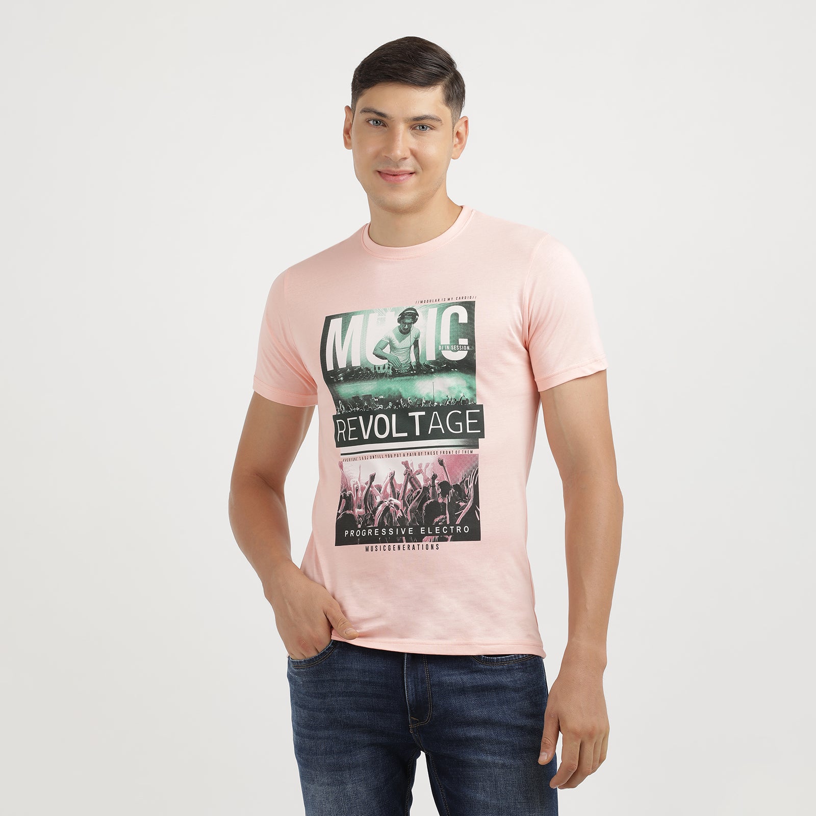 Men's Impatiens Pink Music Re voltage Progressive Electro Crew Neck Graphic Printed T-Shirt