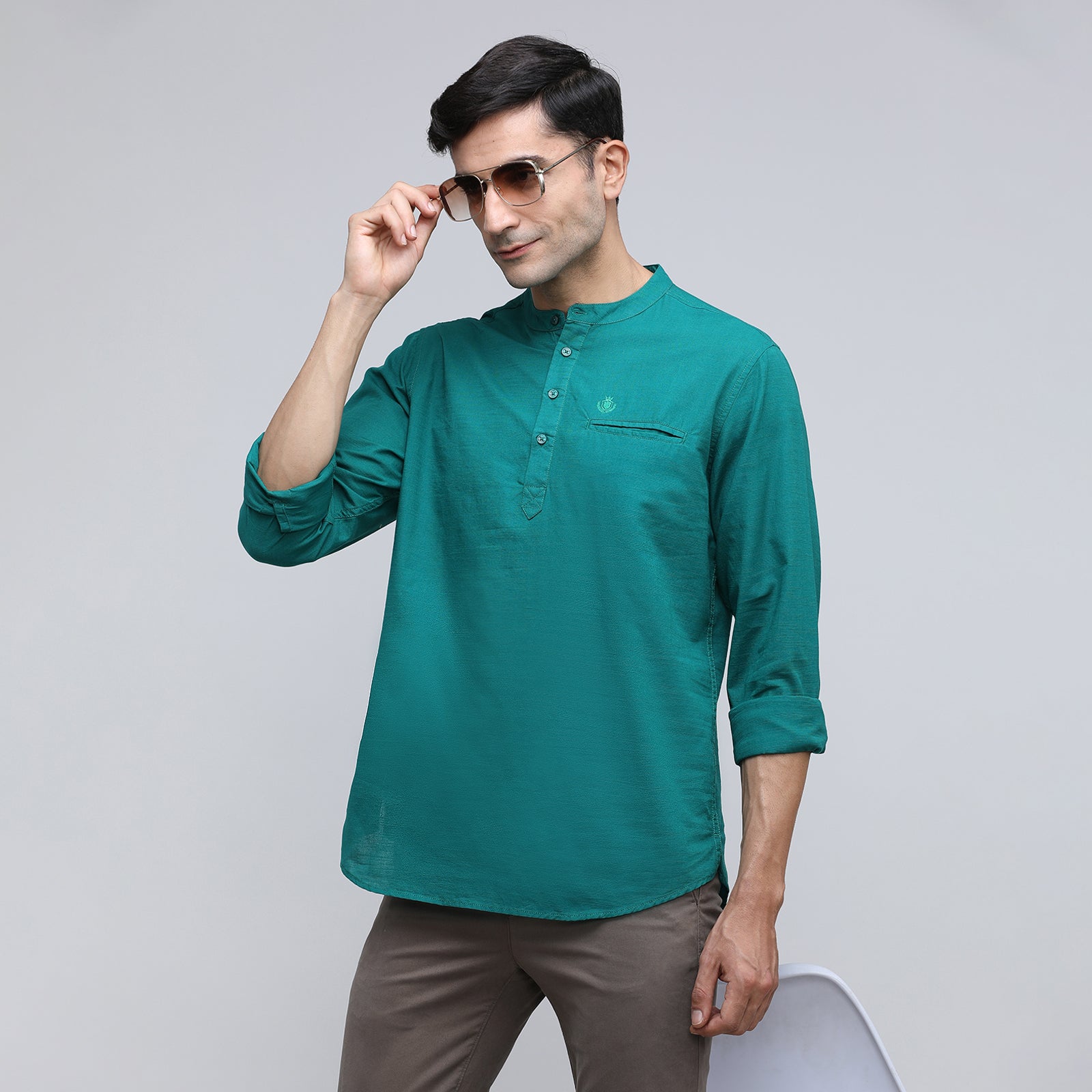 Indo cotton Men's Solid Full Sleeve Kurthi