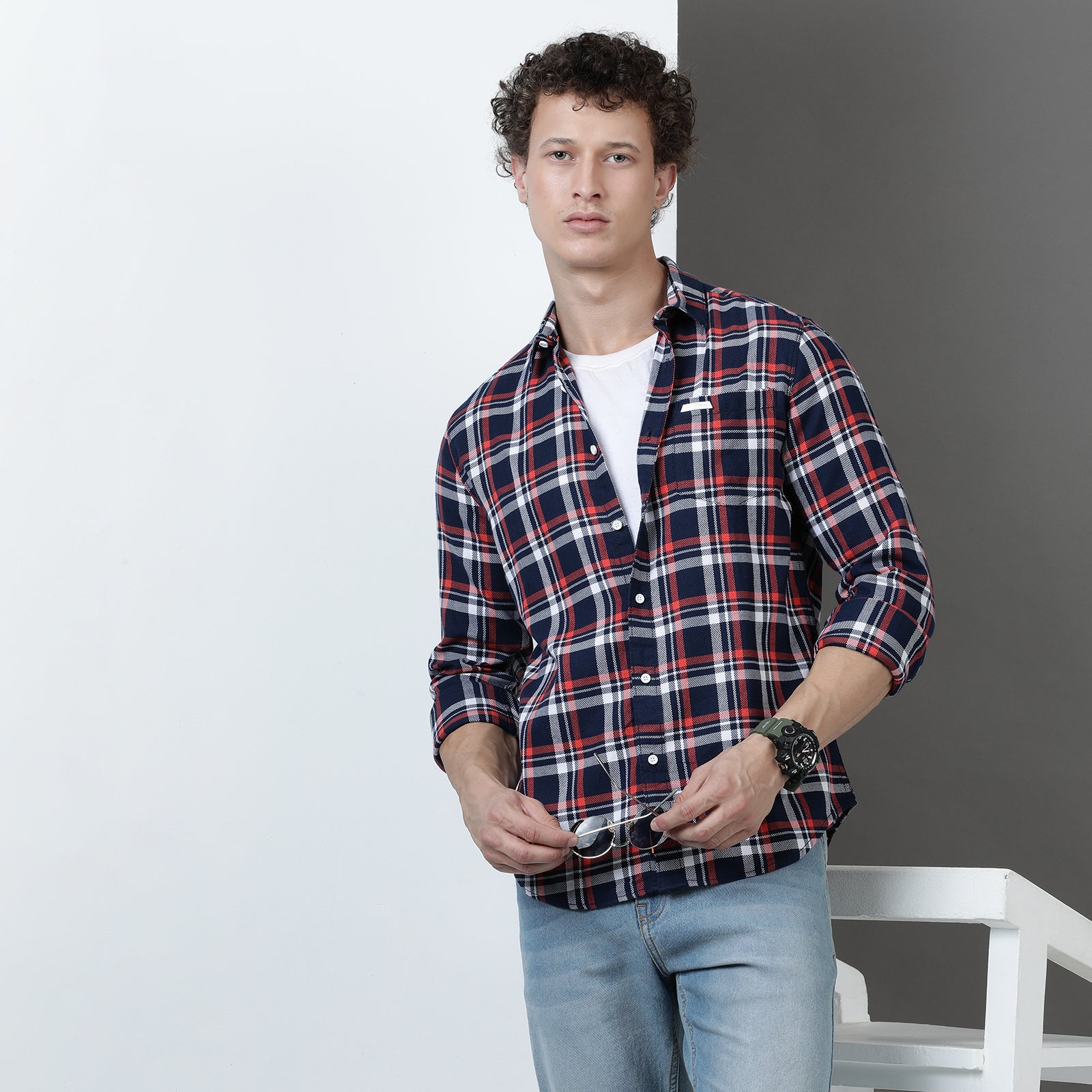 Navy Yarn Dyed Checks Full Sleeve Shirt