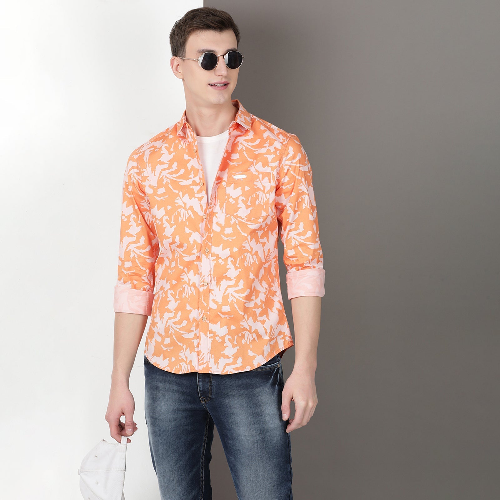Orange Full Sleeve Floral Printed Shirt