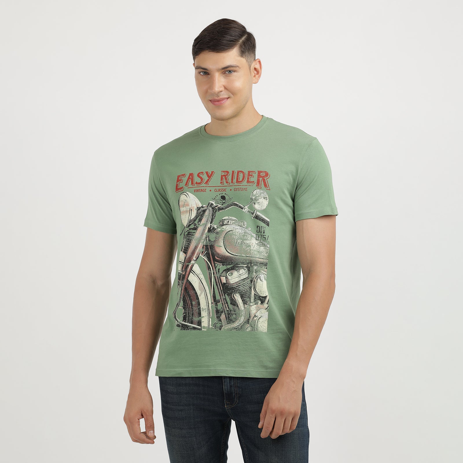 Men's Turf Green Easy Rider Vintage Classic Round Neck Printed T-Shirt