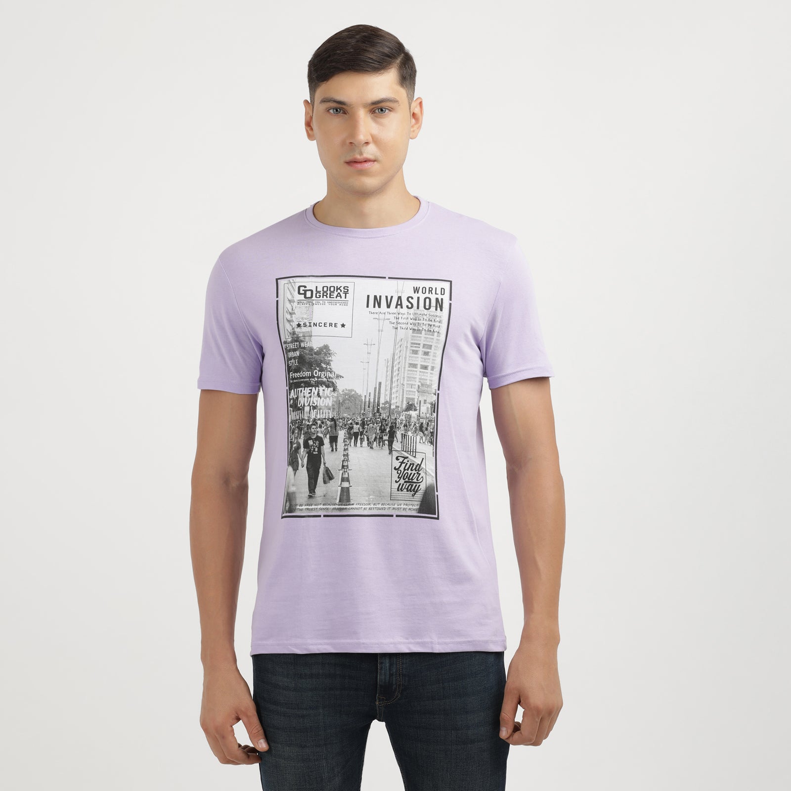 Men's Lavender World Invasion Find Your Way Round Neck Printed T-Shirt