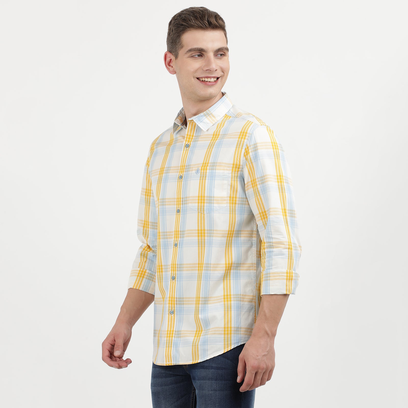 Men's Yellow and Light Blue Plaid Button Down Shirt