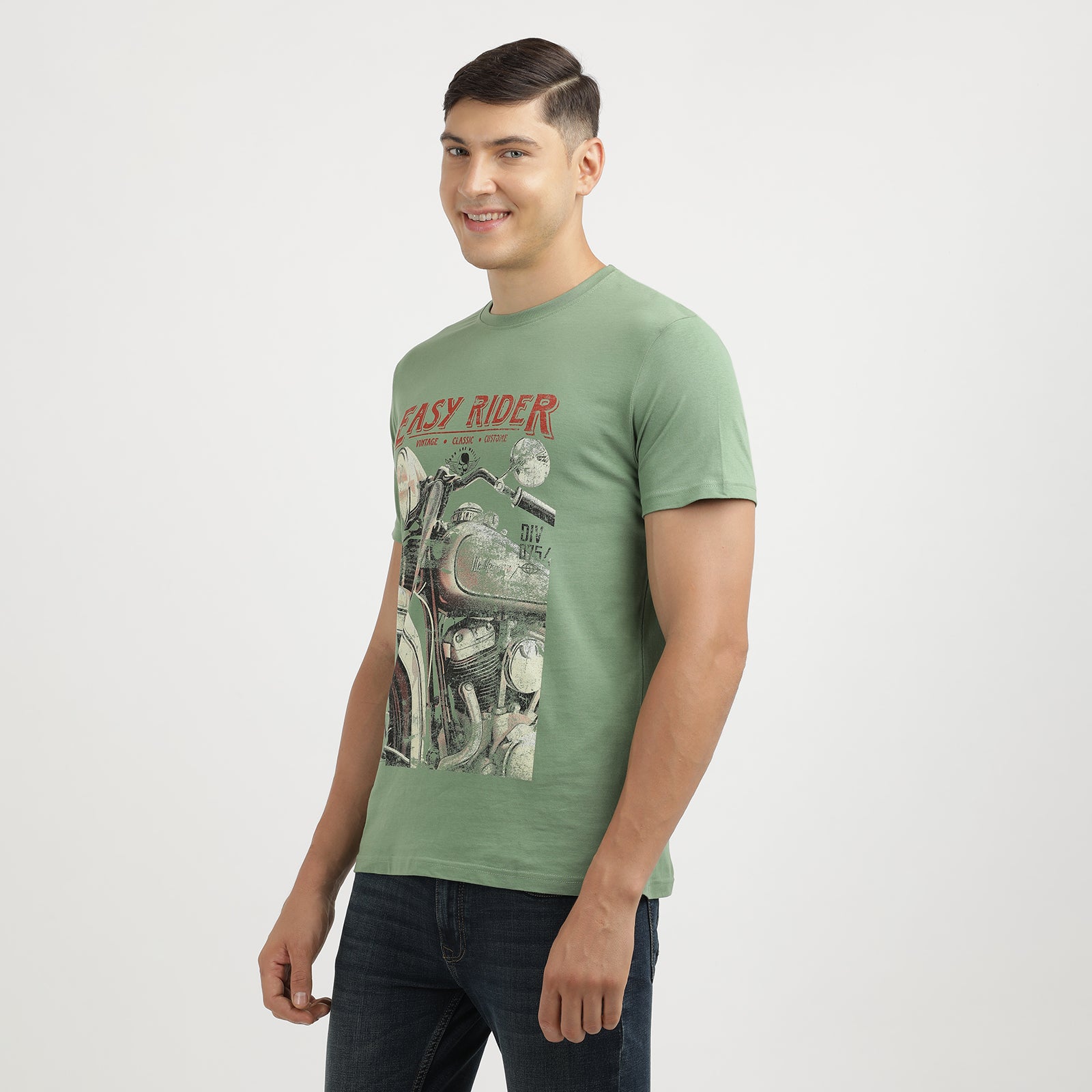 Men's Turf Green Easy Rider Vintage Classic Round Neck Printed T-Shirt