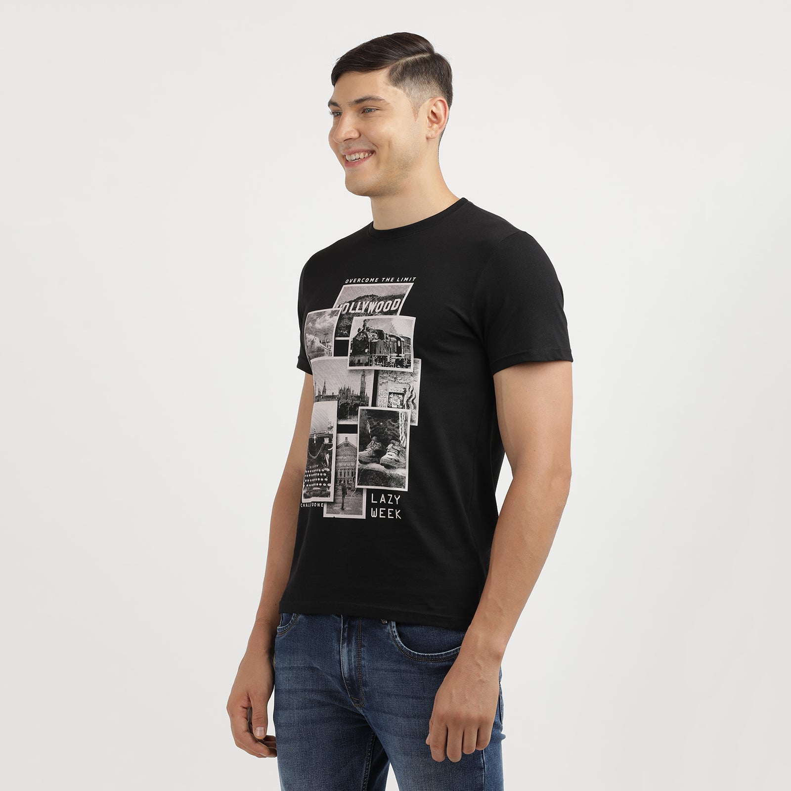 Men's Jet Black Over The Limit Lazy Week Round Neck Graphic Printed T-Shirt