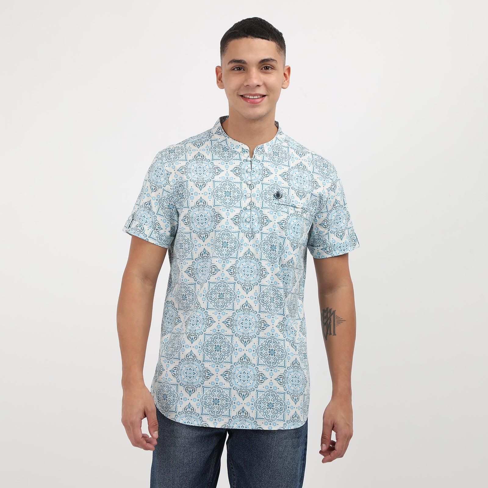 Men's Blue Coloured Floral Printed Half Sleeve Kurthi