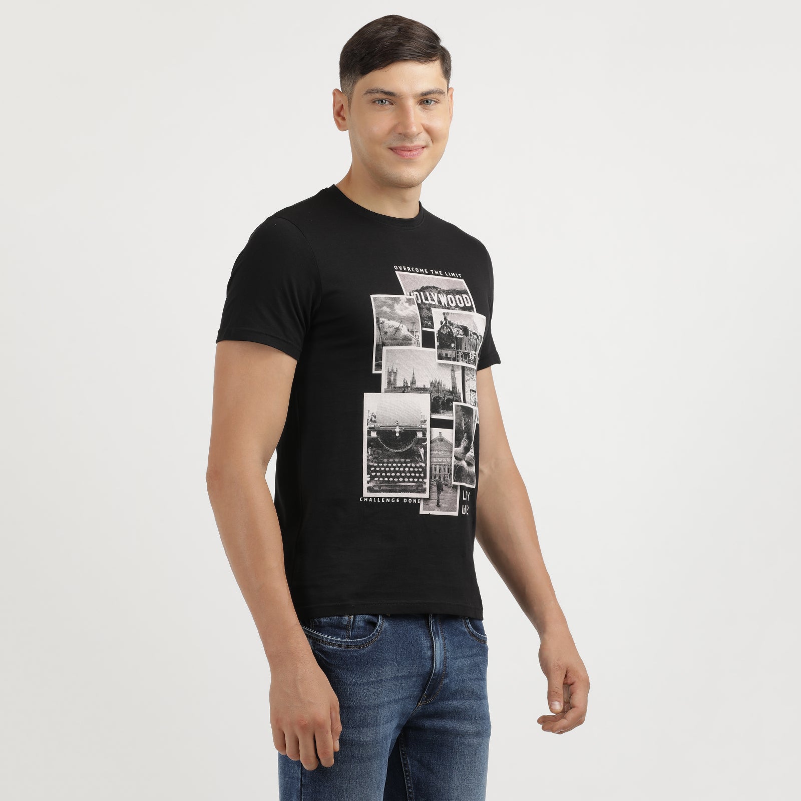 Men's Jet Black Over The Limit Lazy Week Round Neck Graphic Printed T-Shirt