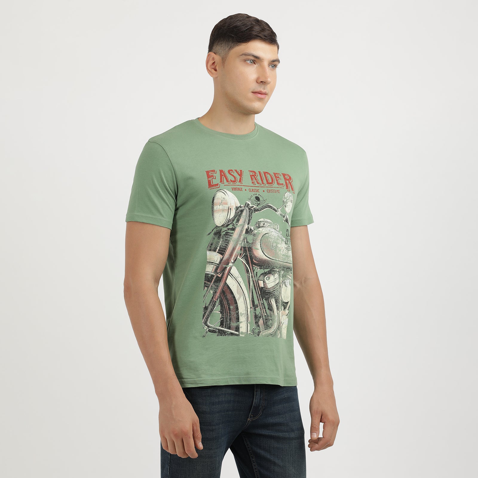 Men's Turf Green Easy Rider Vintage Classic Round Neck Printed T-Shirt