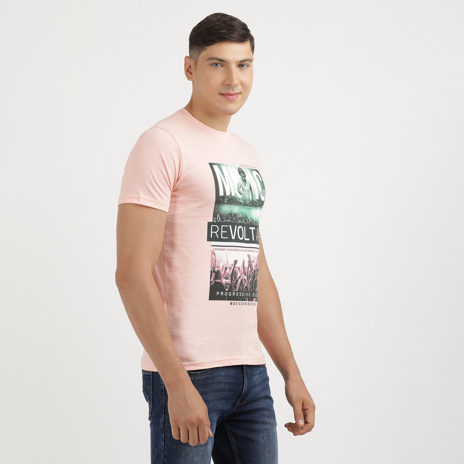Men's Impatiens Pink Music Re voltage Progressive Electro Crew Neck Graphic Printed T-Shirt