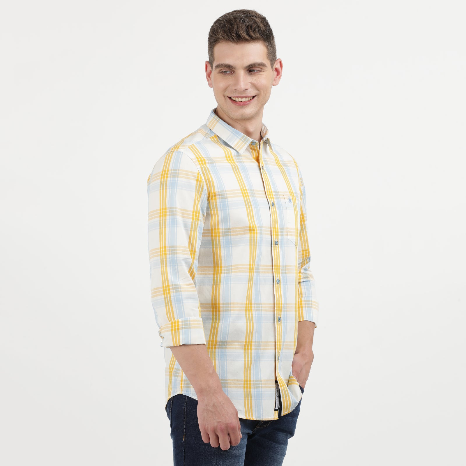 Men's Yellow and Light Blue Plaid Button Down Shirt