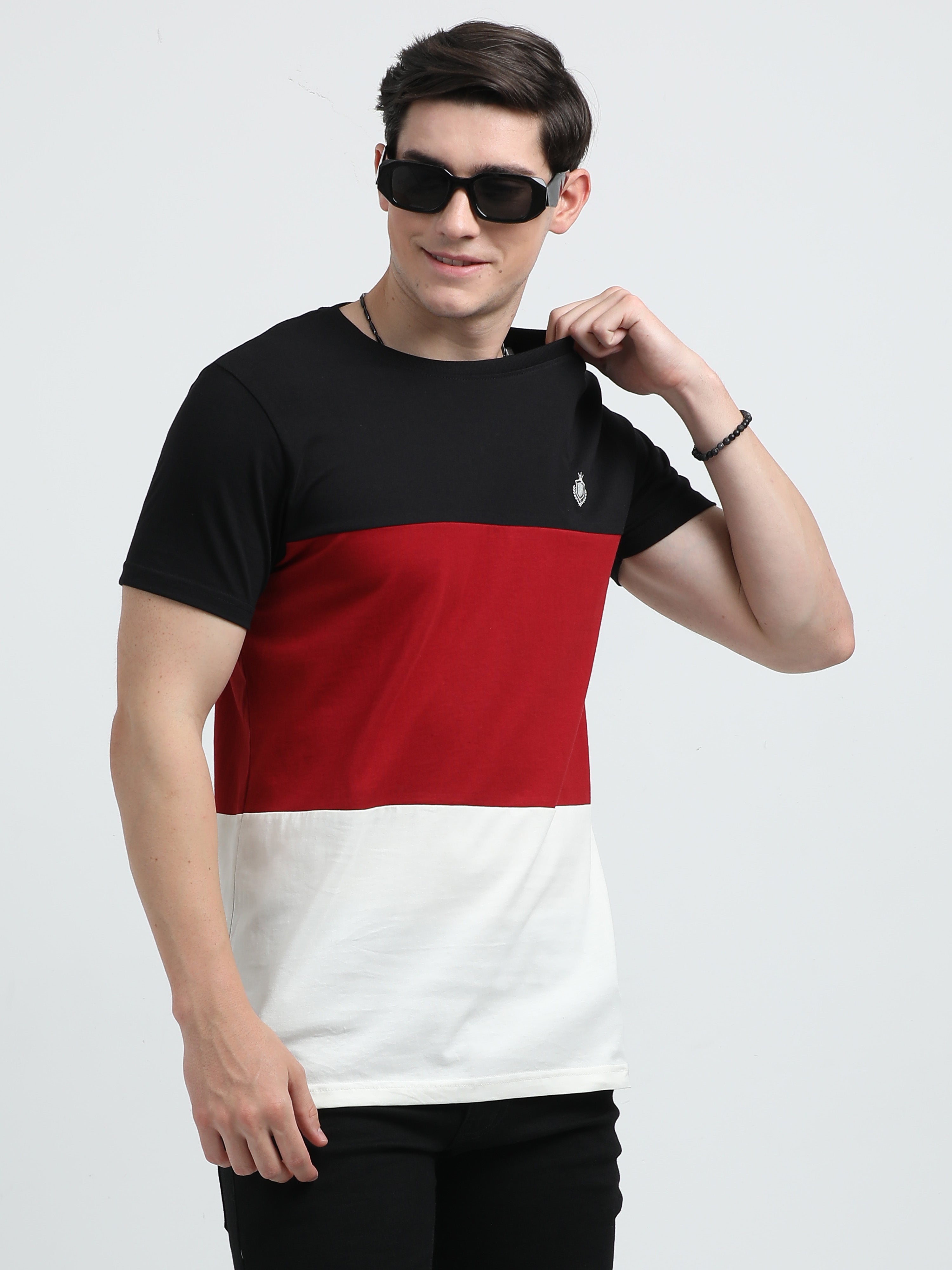 Indo Cotton Men's Color Blocked Crew Neck T-Shirt