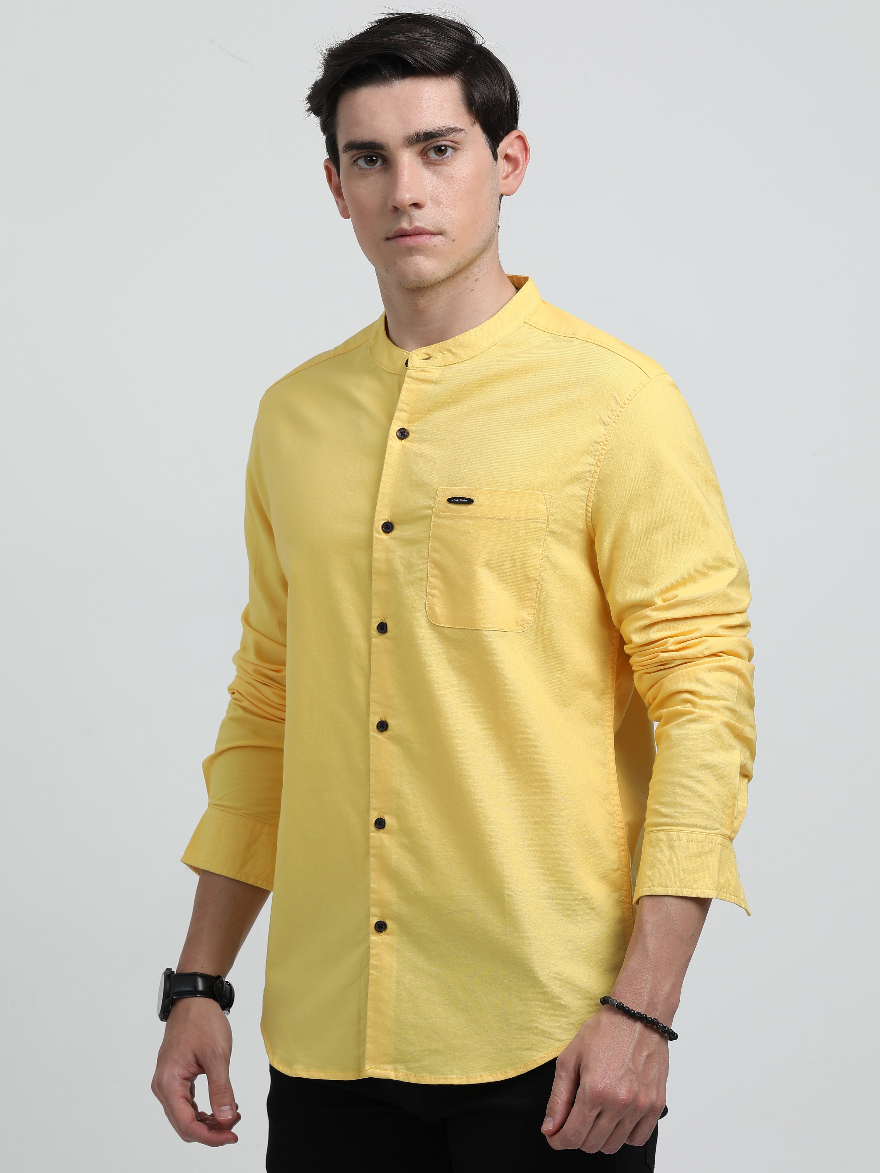 Indo Cotton Men's Mandarin Collar Full Sleeve Solid Casual Shirt