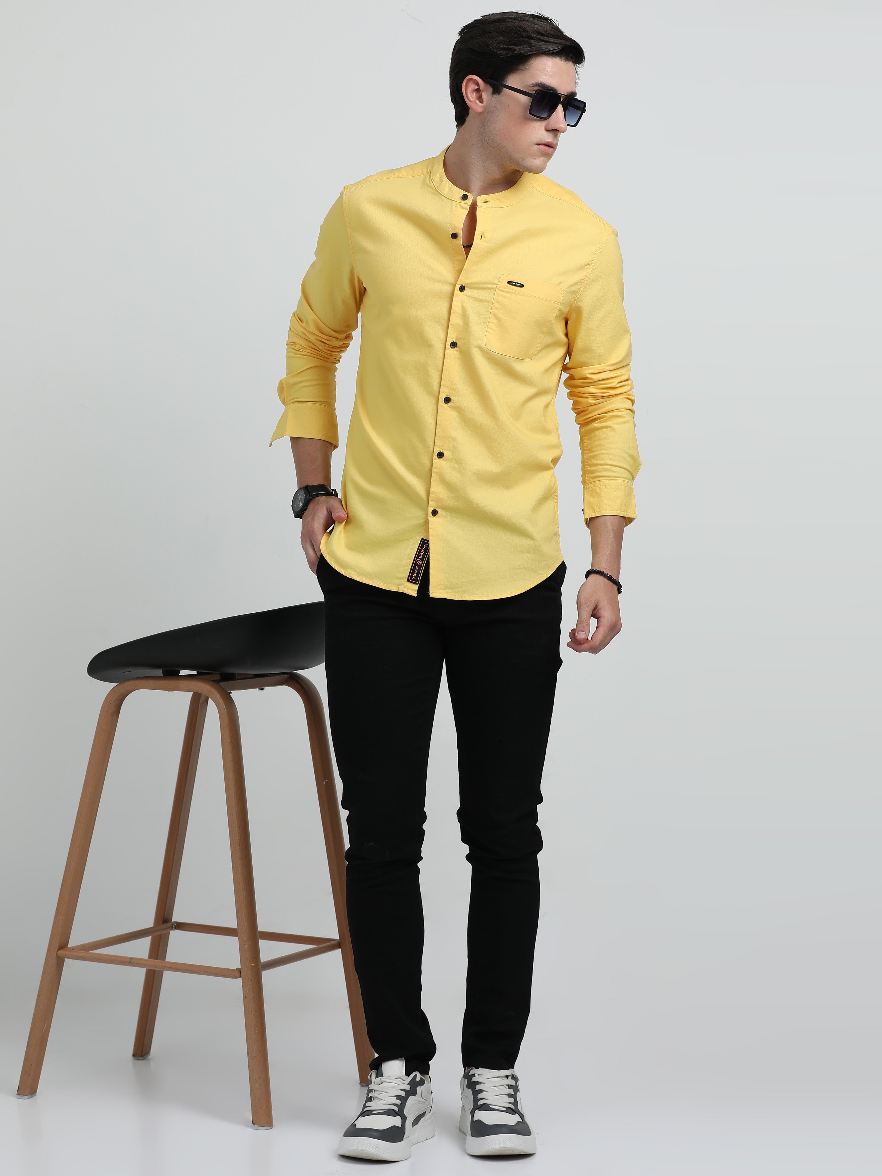 Indo Cotton Men's Mandarin Collar Full Sleeve Solid Casual Shirt