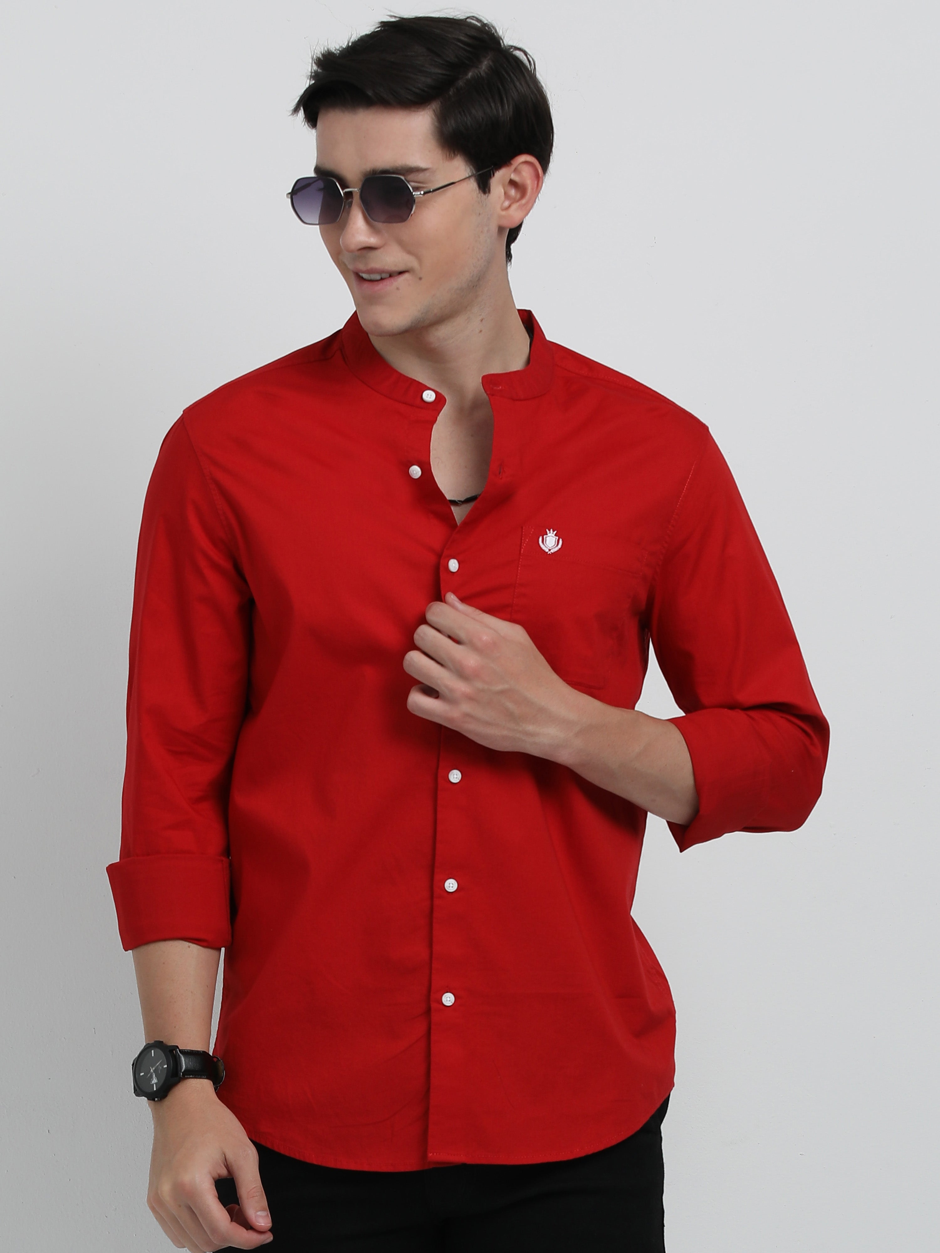 Indo Cotton Men's Mandarin Solid Full Sleeve Casual Shirt