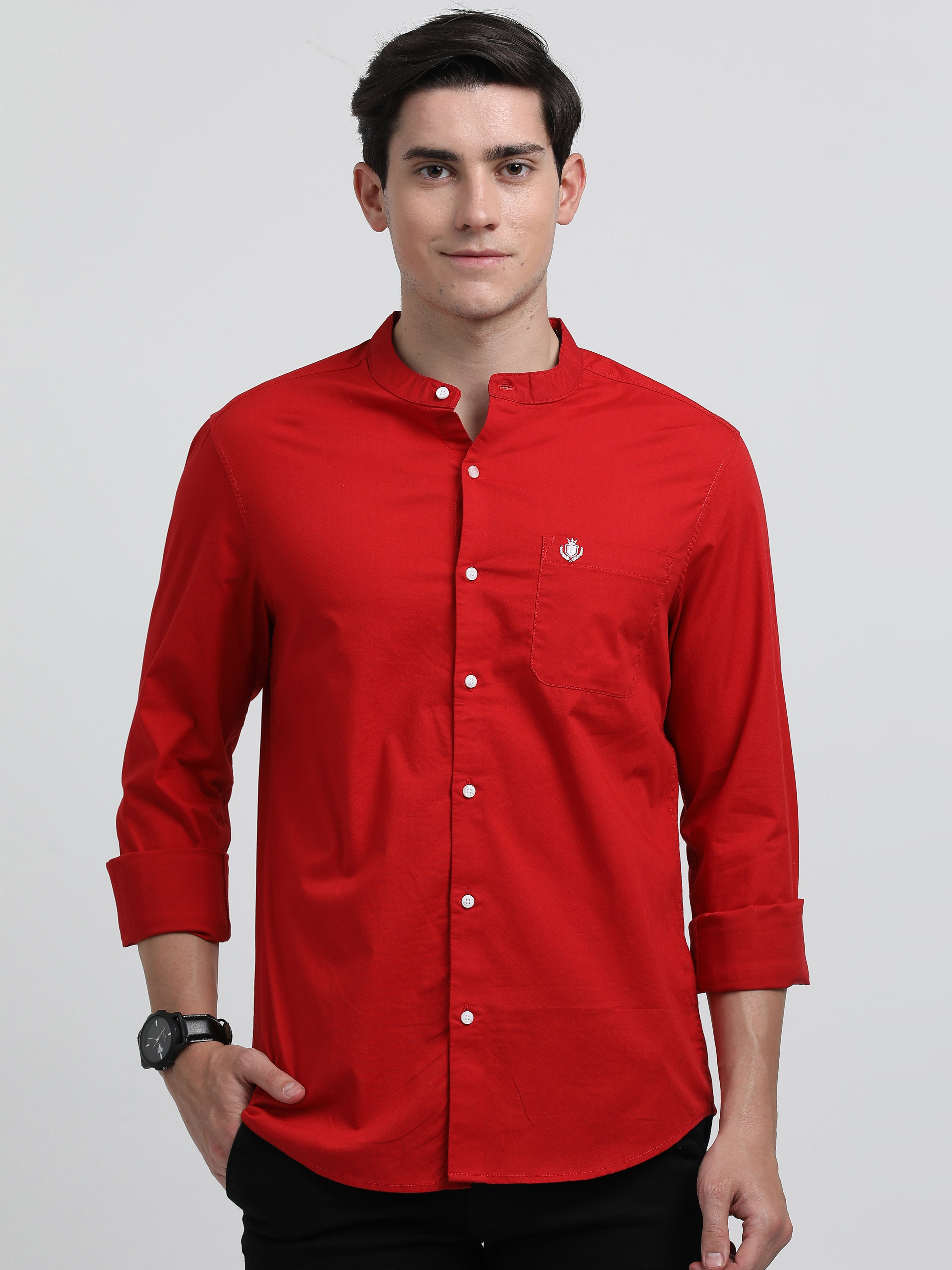 Indo Cotton Men's Mandarin Solid Full Sleeve Casual Shirt