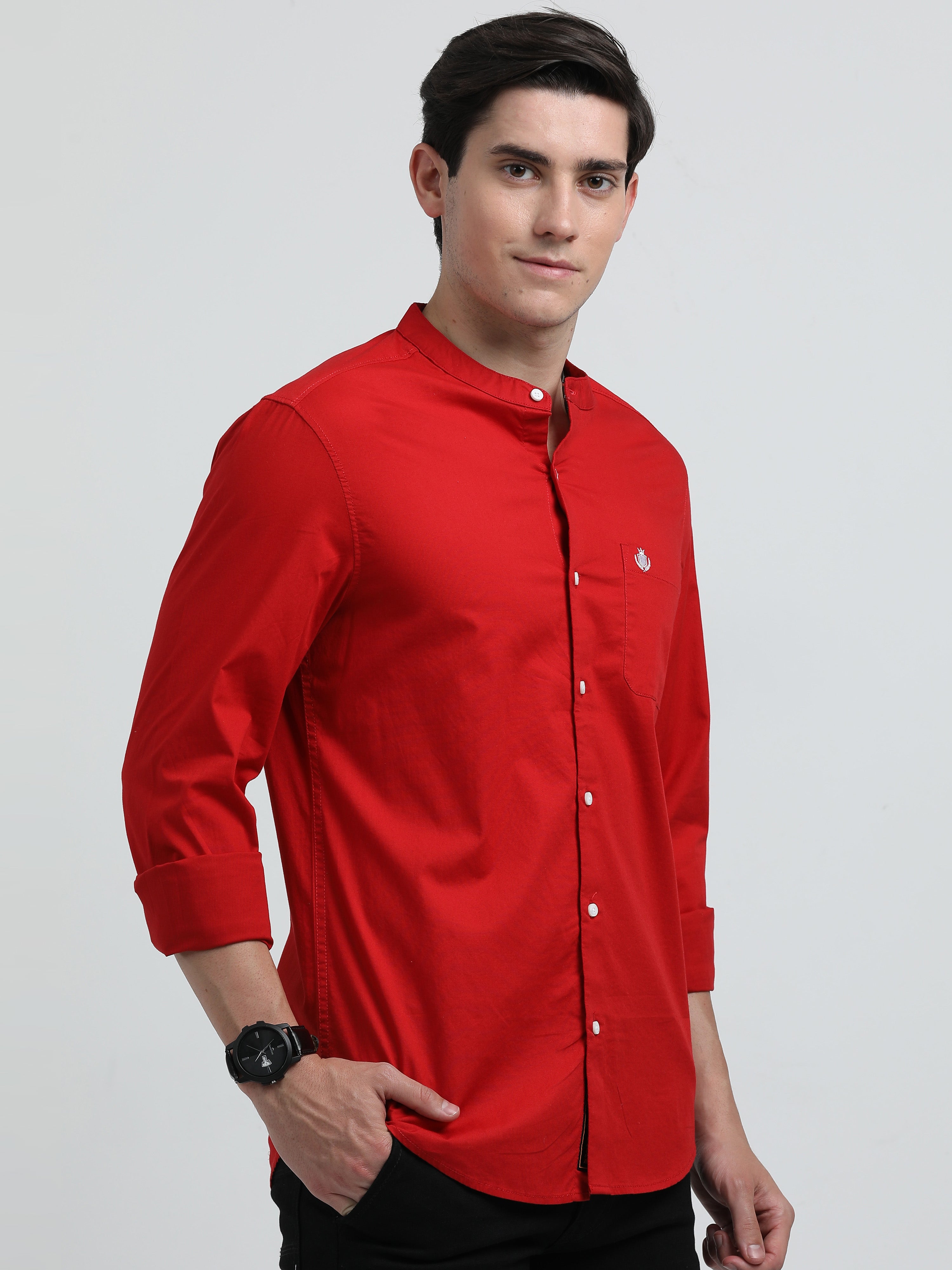 Indo Cotton Men's Mandarin Solid Full Sleeve Casual Shirt