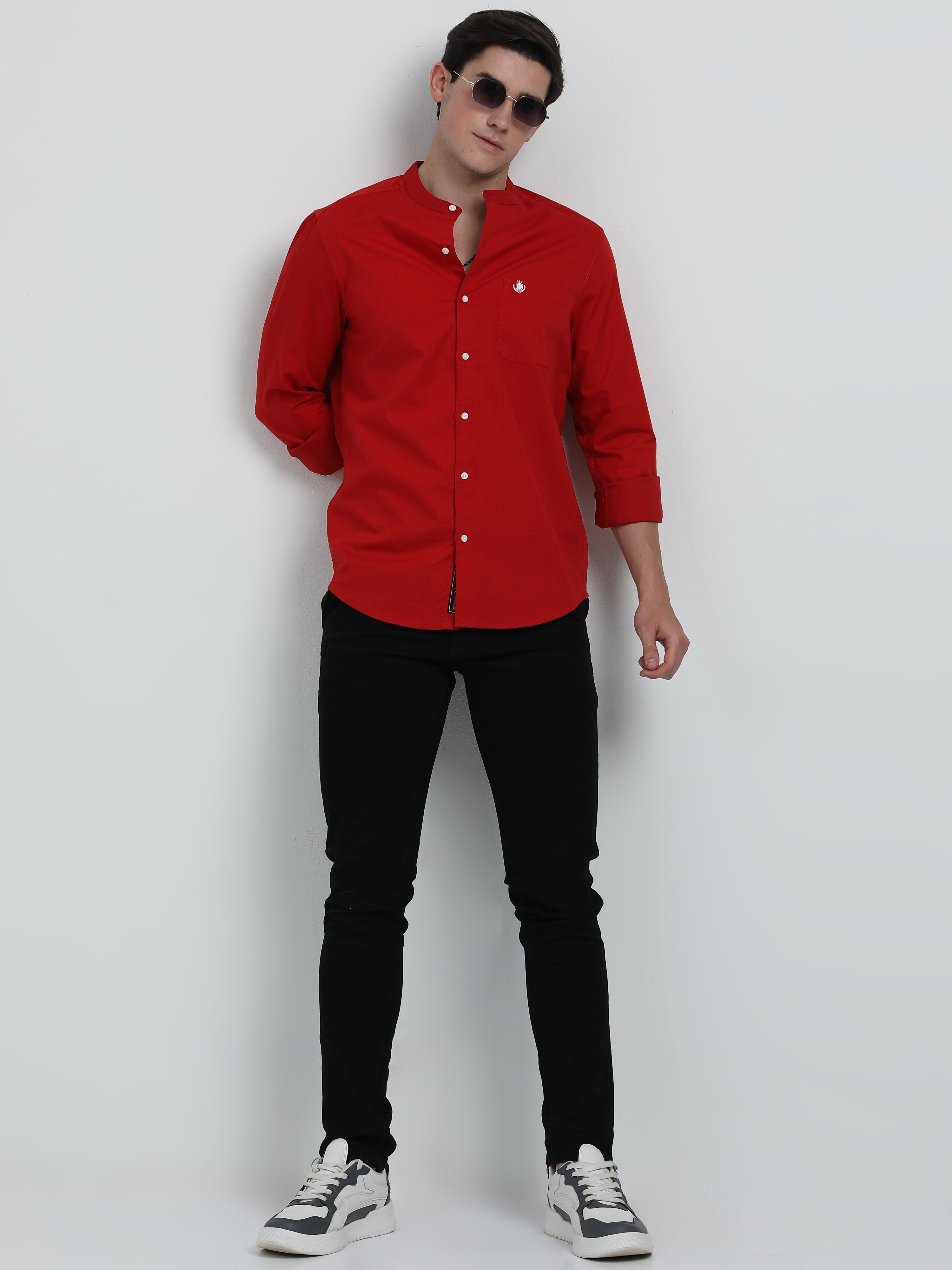 Indo Cotton Men's Mandarin Solid Full Sleeve Casual Shirt