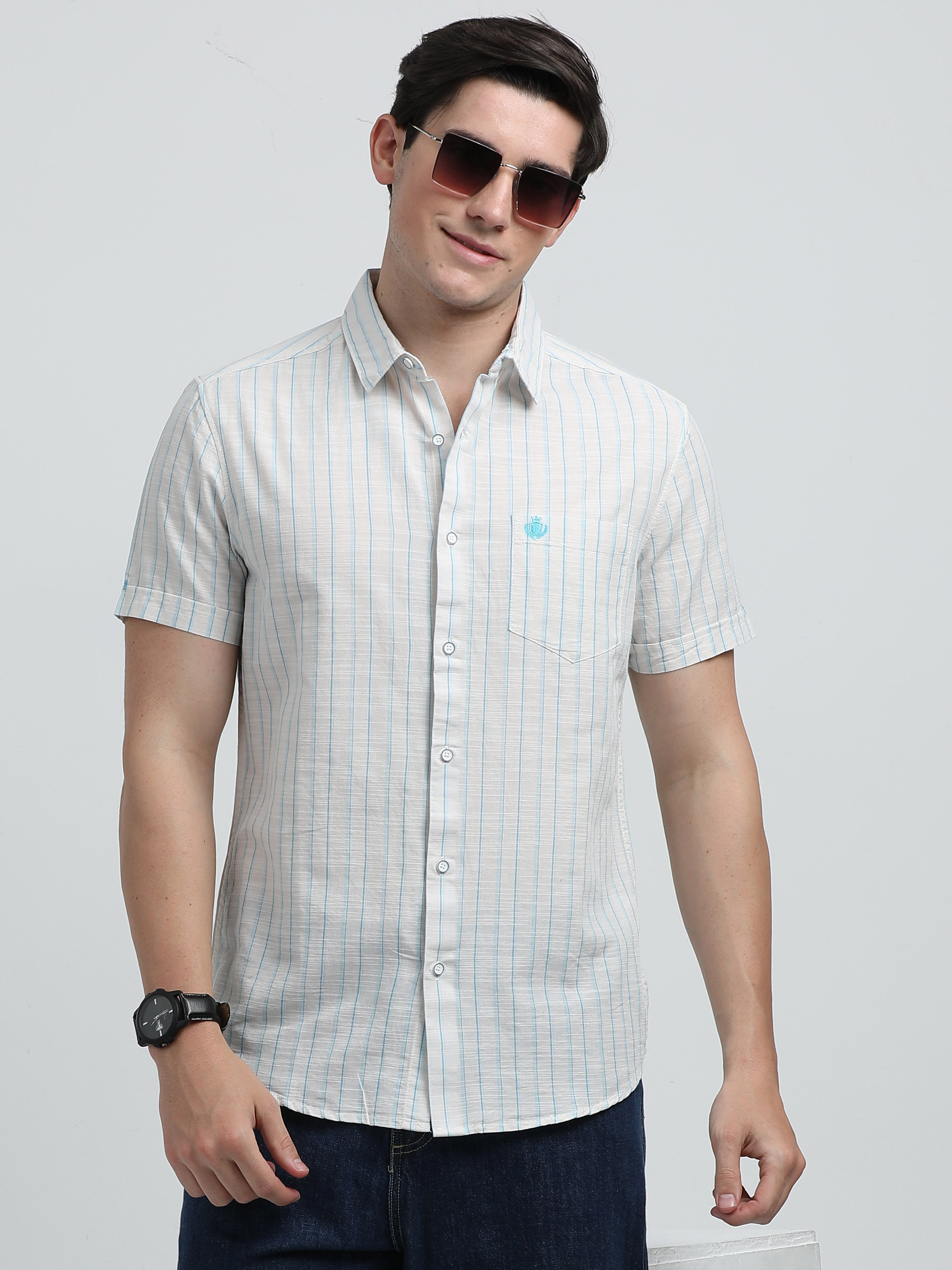 Indo Cotton Men's Half Sleeve Striped Casual Shirt