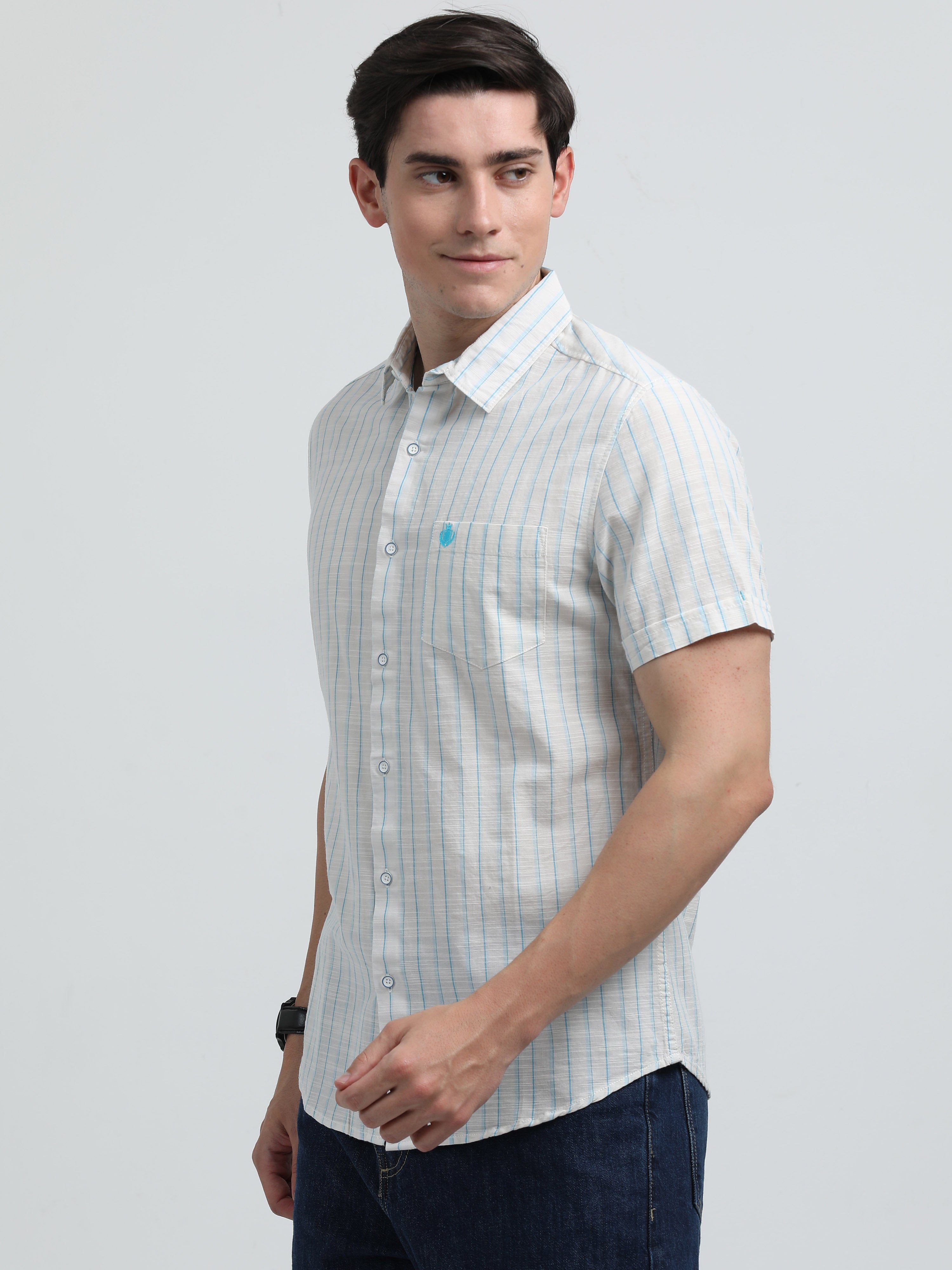 Indo Cotton Men's Half Sleeve Striped Casual Shirt
