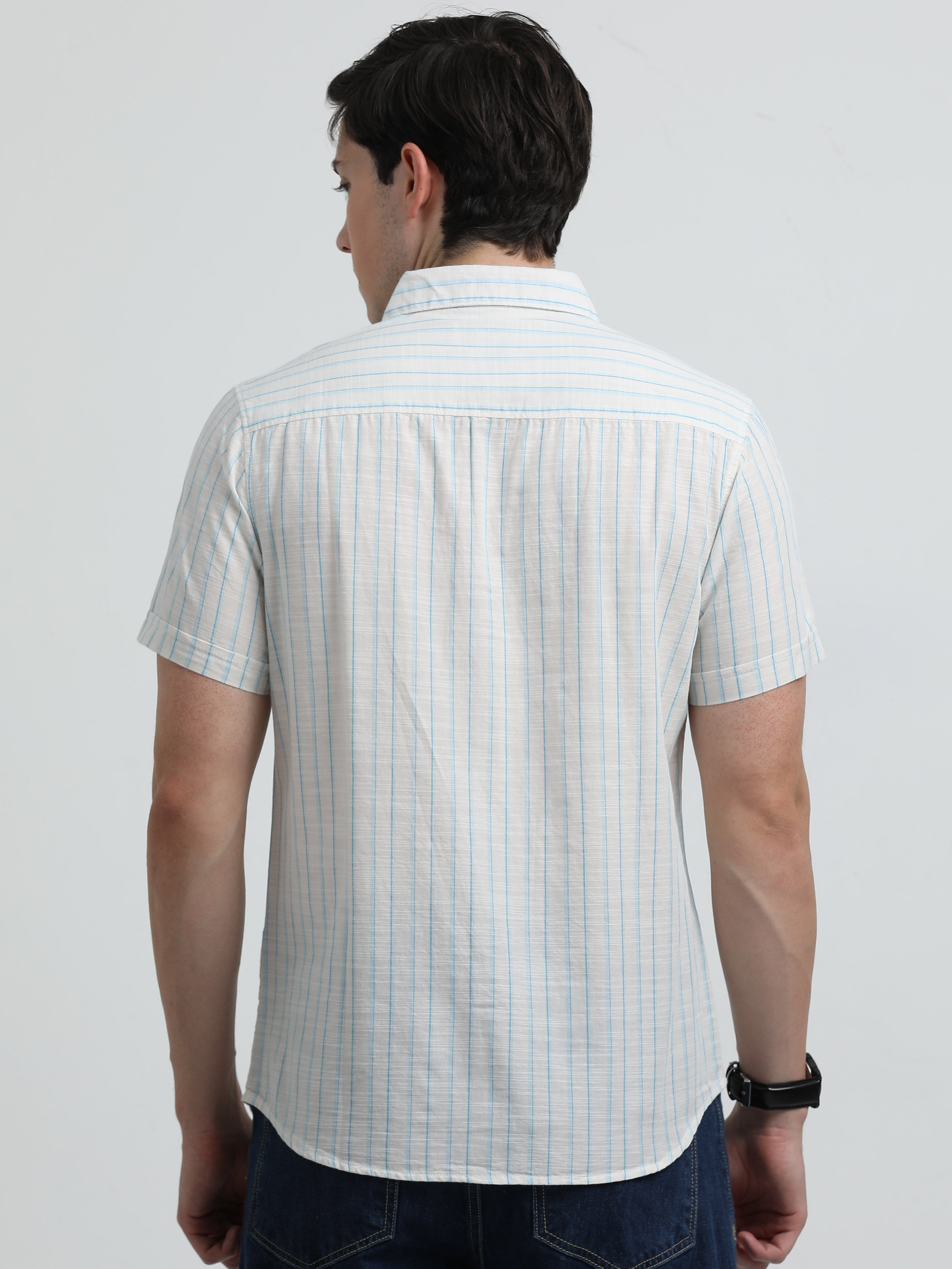 Indo Cotton Men's Half Sleeve Striped Casual Shirt