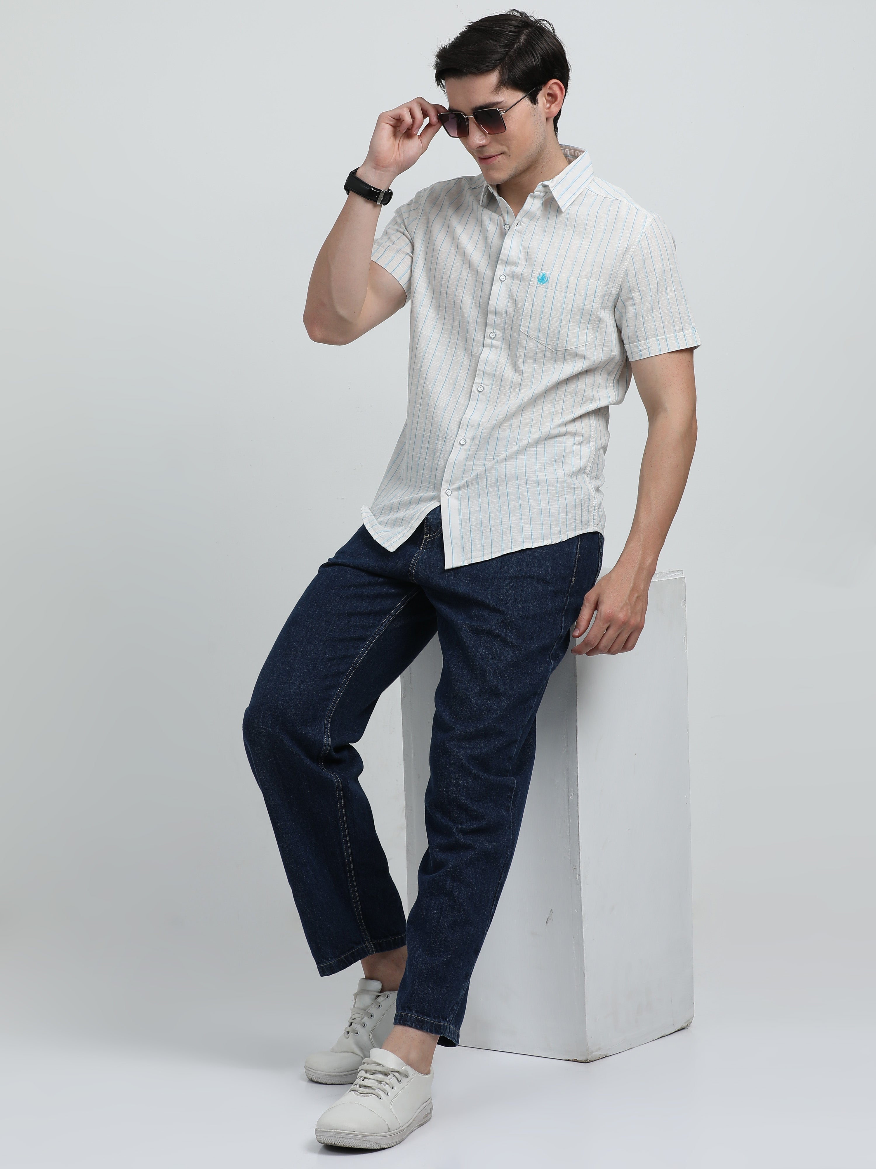 Indo Cotton Men's Half Sleeve Striped Casual Shirt