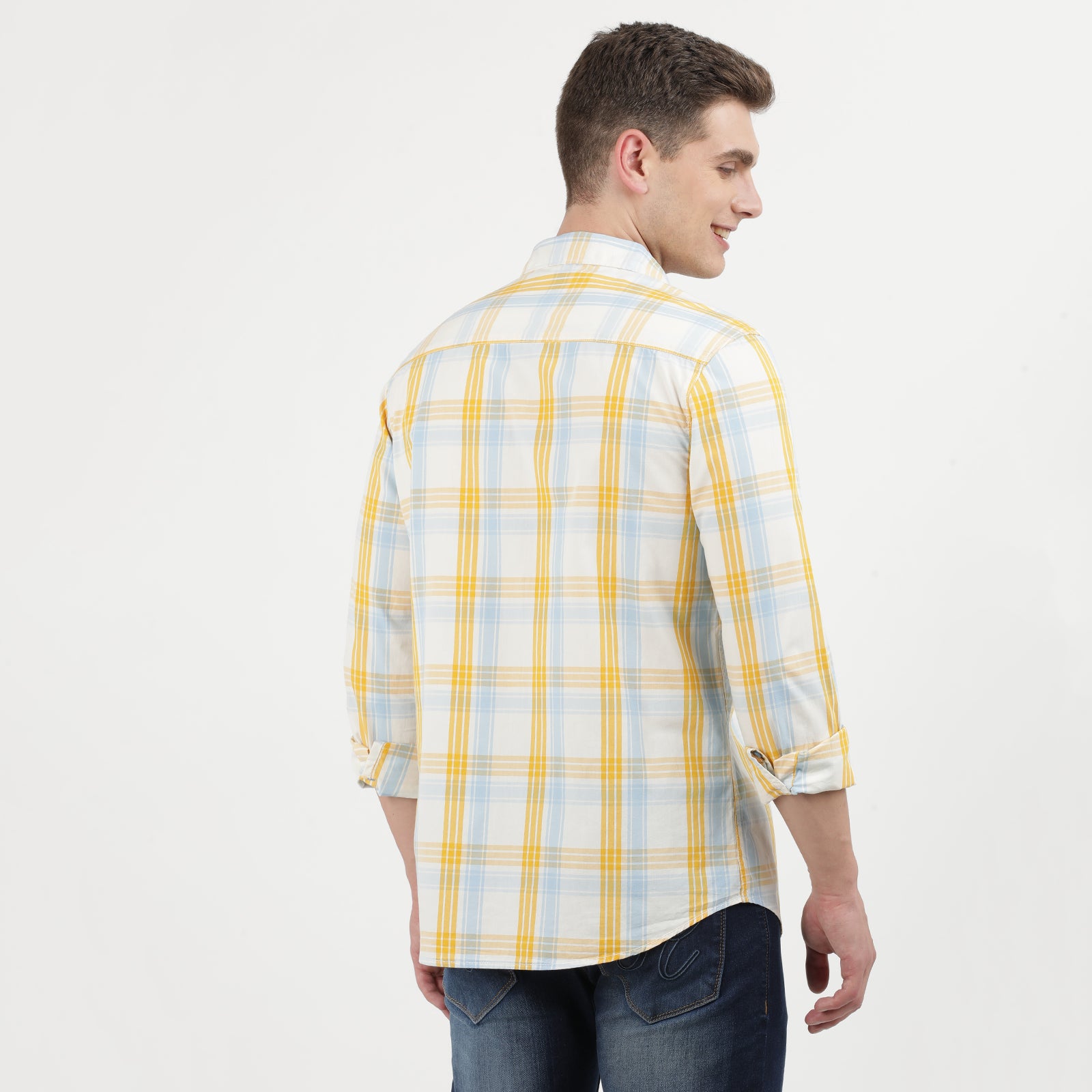 Men's Yellow and Light Blue Plaid Button Down Shirt