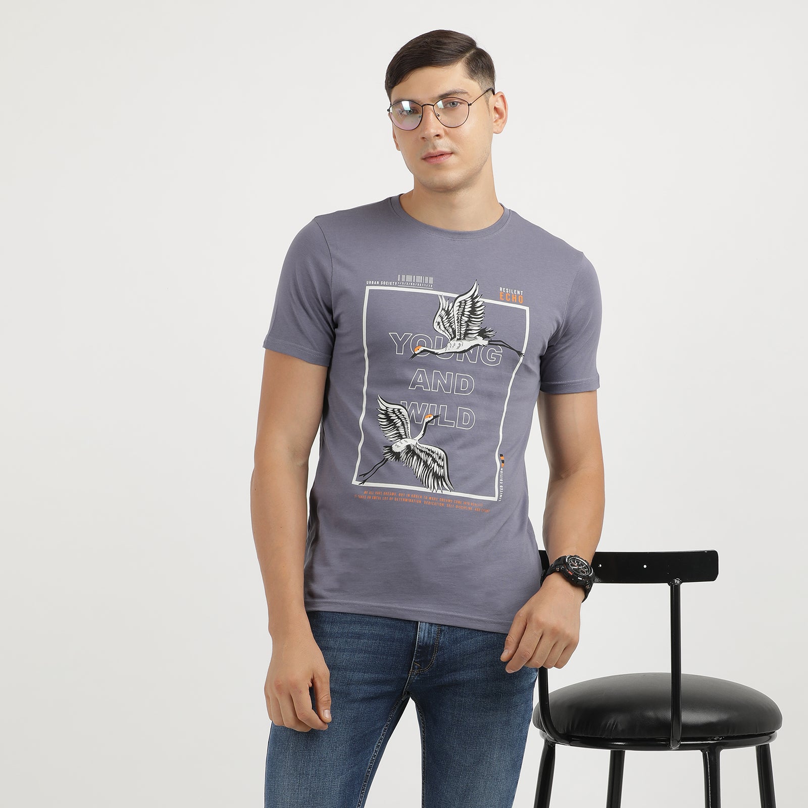 Men's Grisaille Young And Wild Crew Neck Printed T-Shirt