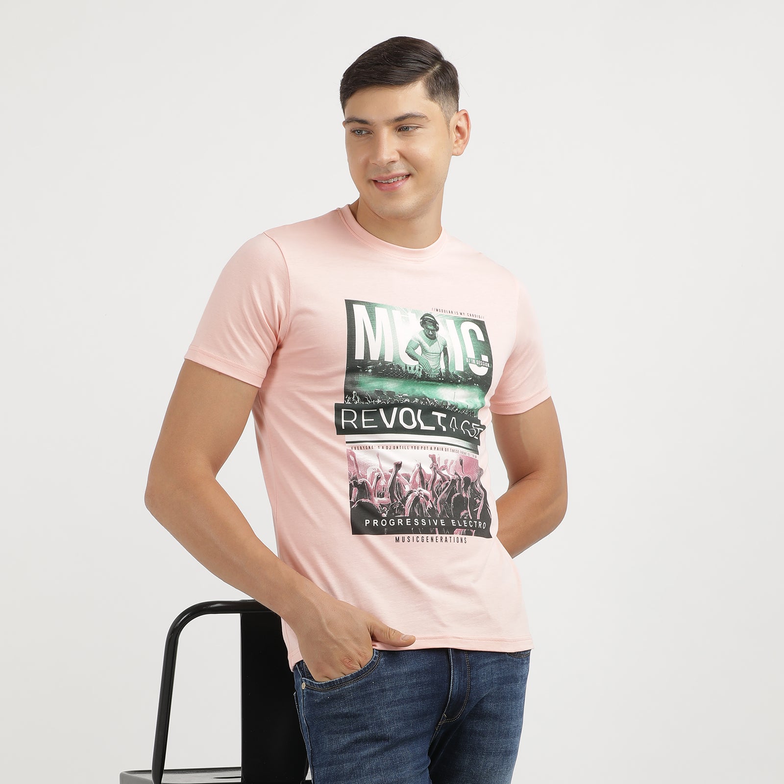 Men's Impatiens Pink Music Re voltage Progressive Electro Crew Neck Graphic Printed T-Shirt