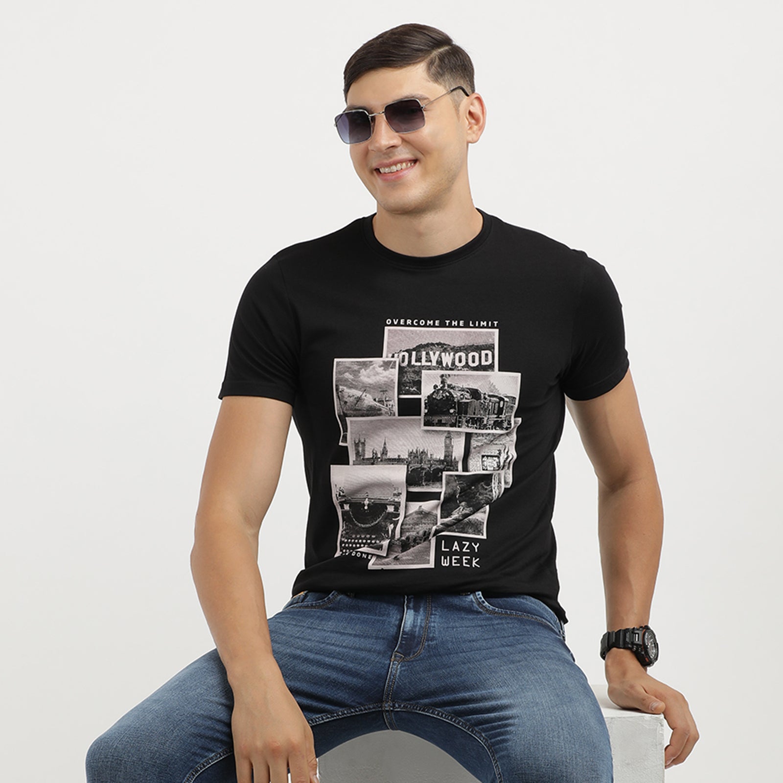 Men's Jet Black Over The Limit Lazy Week Round Neck Graphic Printed T-Shirt