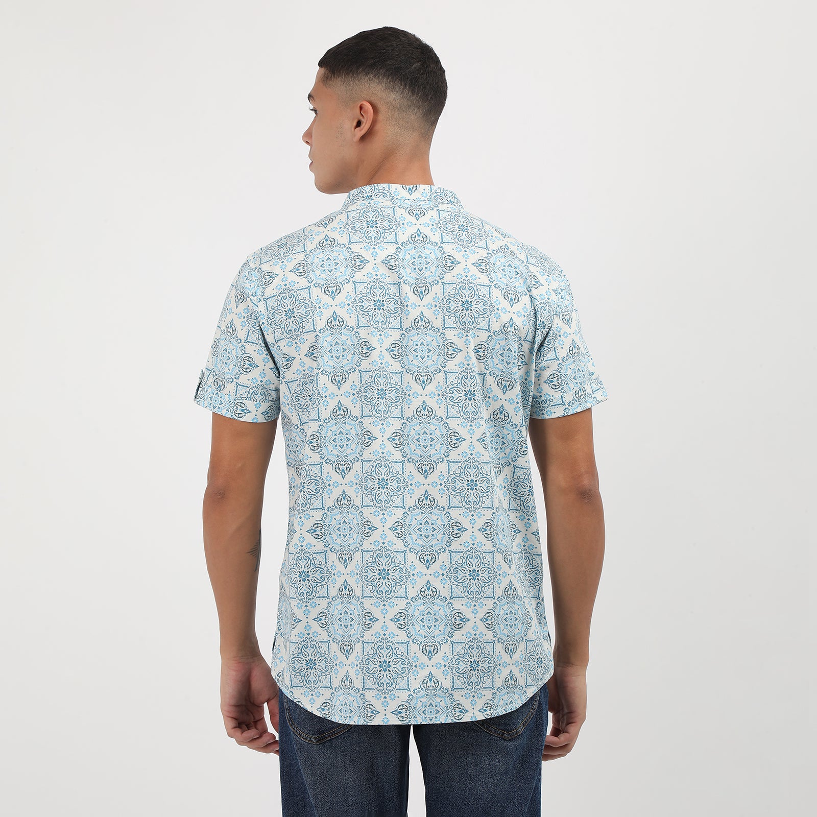 Men's Blue Coloured Floral Printed Half Sleeve Kurthi