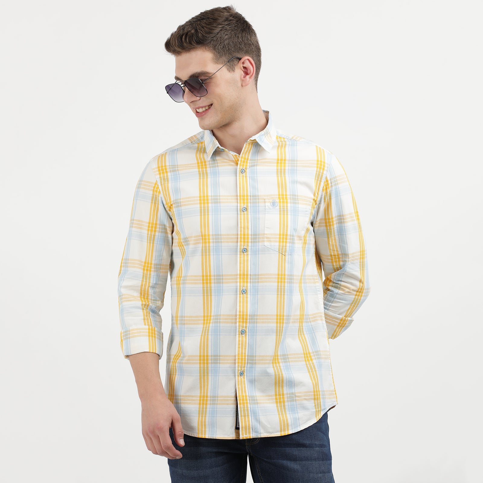 Men's Yellow and Light Blue Plaid Button Down Shirt