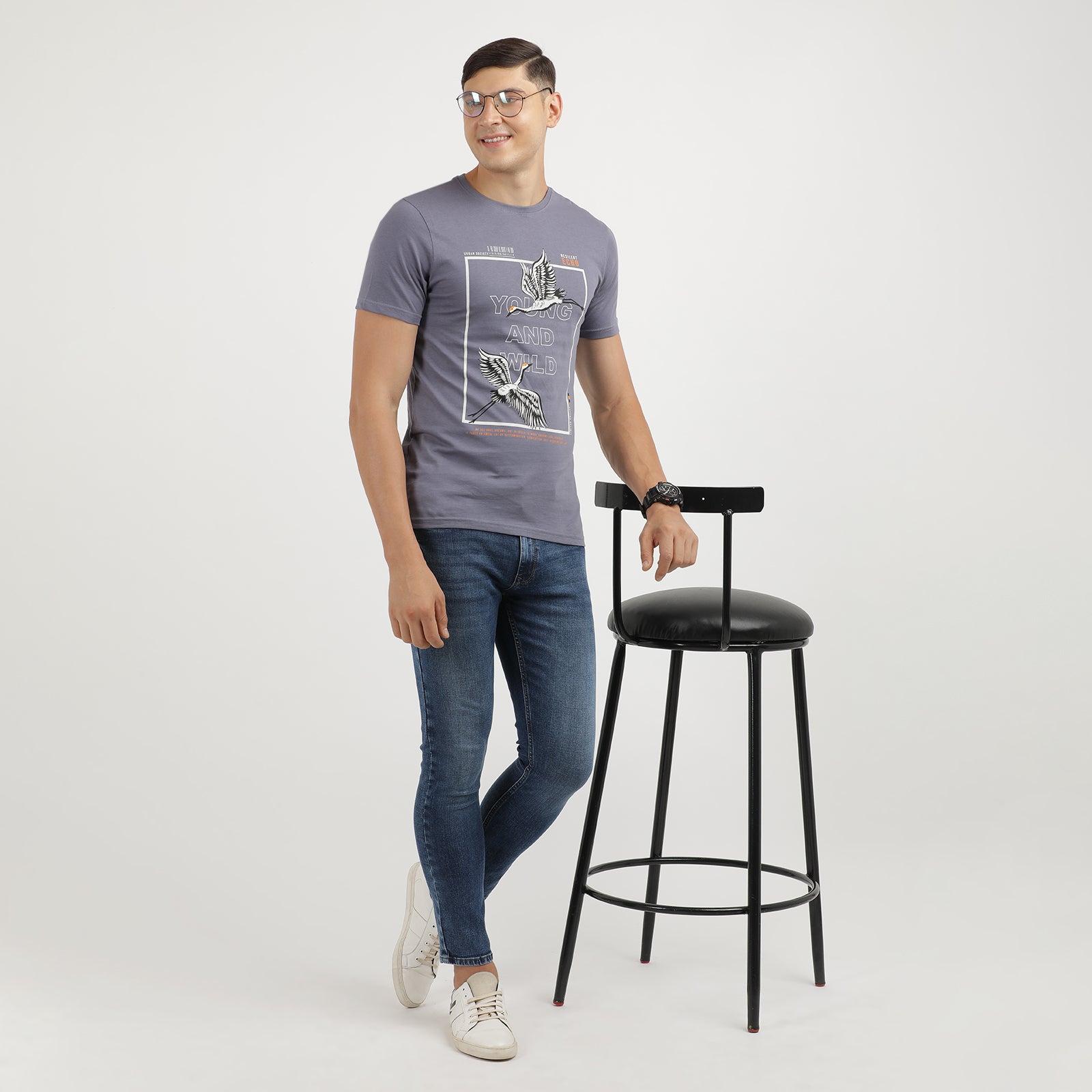 Men's Grisaille Young And Wild Crew Neck Printed T-Shirt