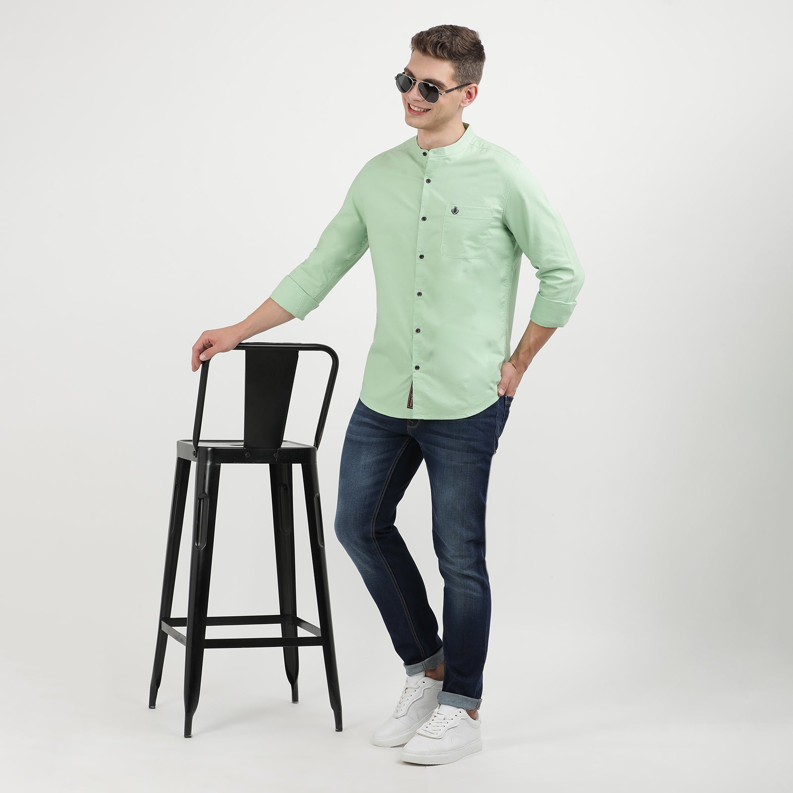 Green Solid Oxford Fabric Mandarin Collar Full Sleeve Casual Shirt