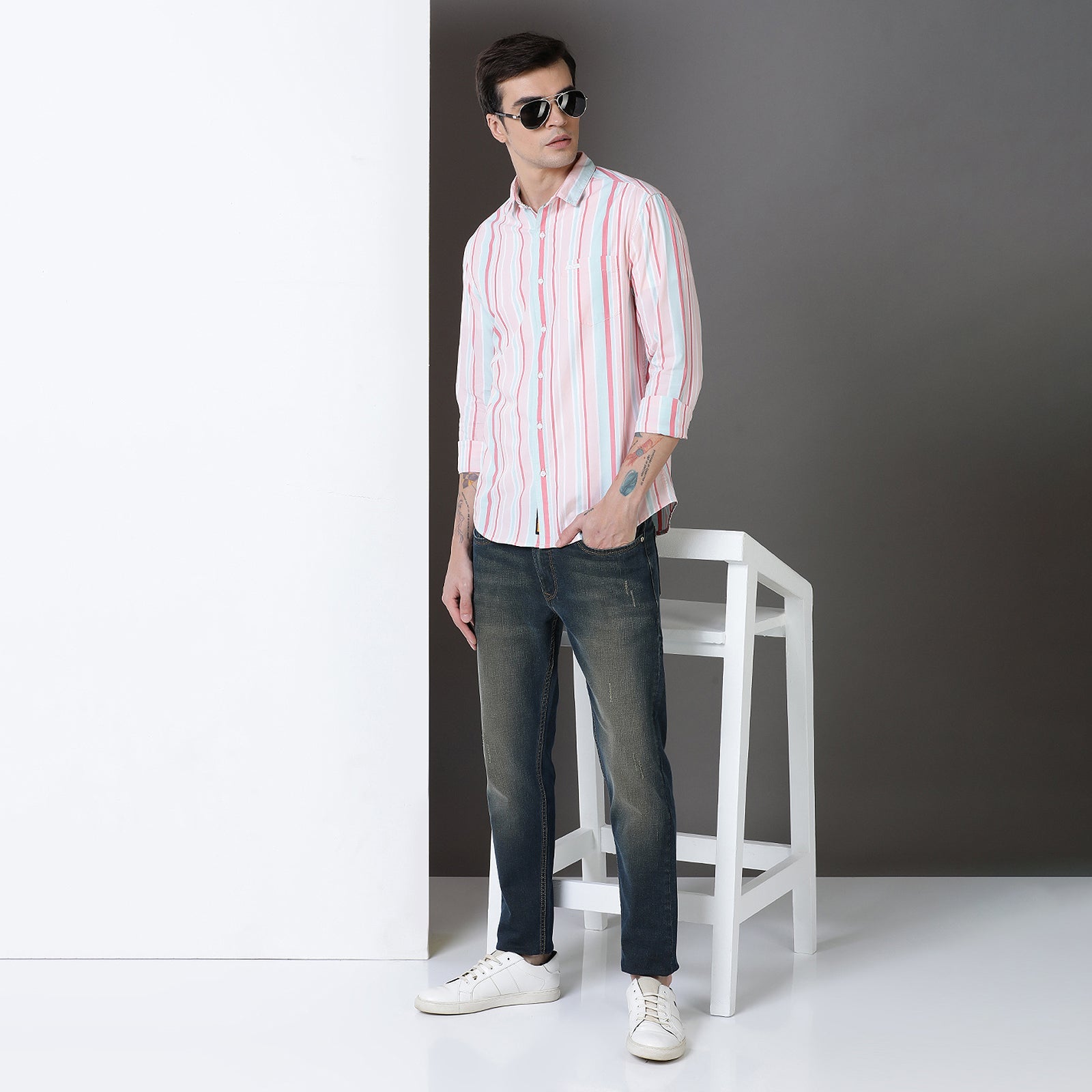 Pink & green yarn dyed full sleeve shirt