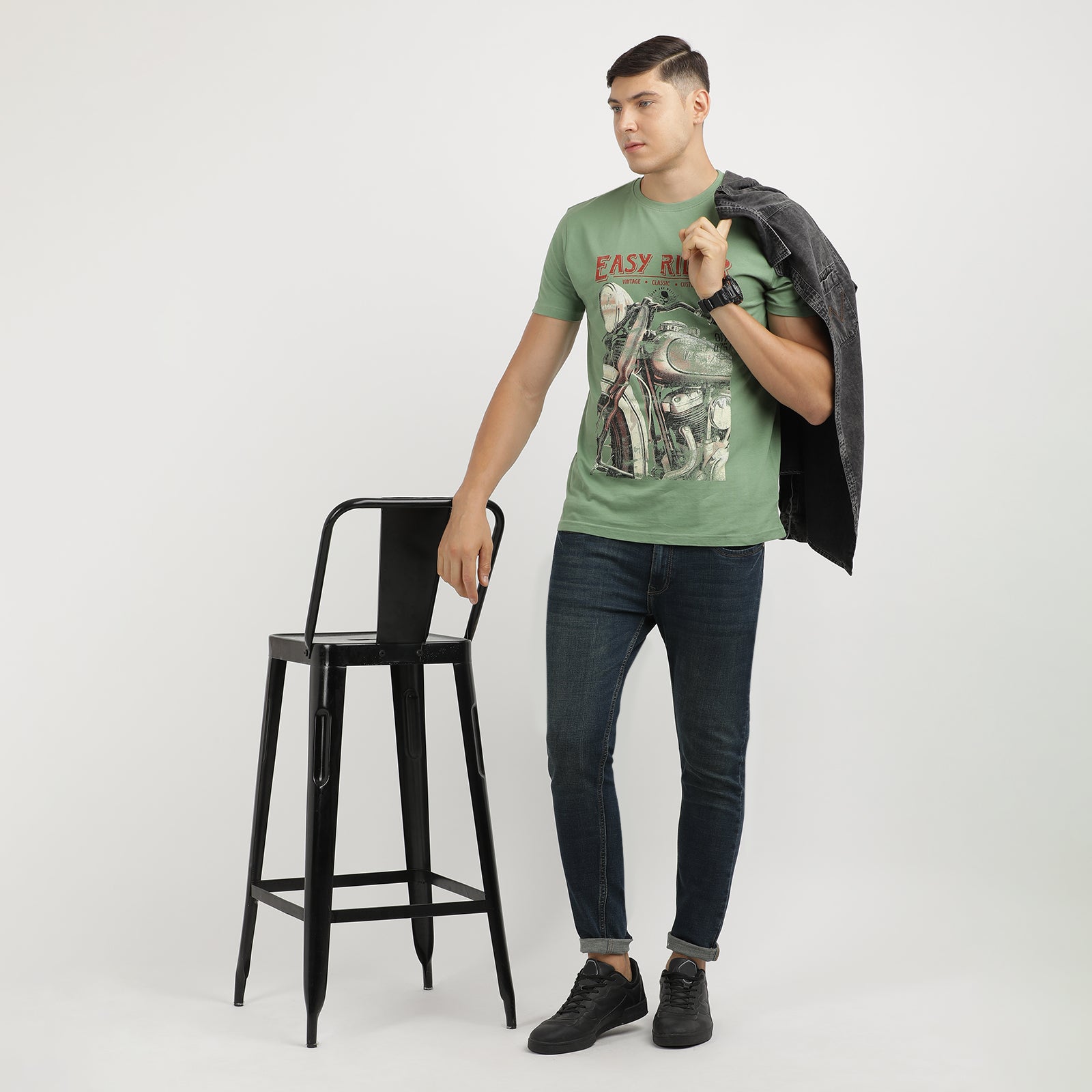 Men's Turf Green Easy Rider Vintage Classic Round Neck Printed T-Shirt
