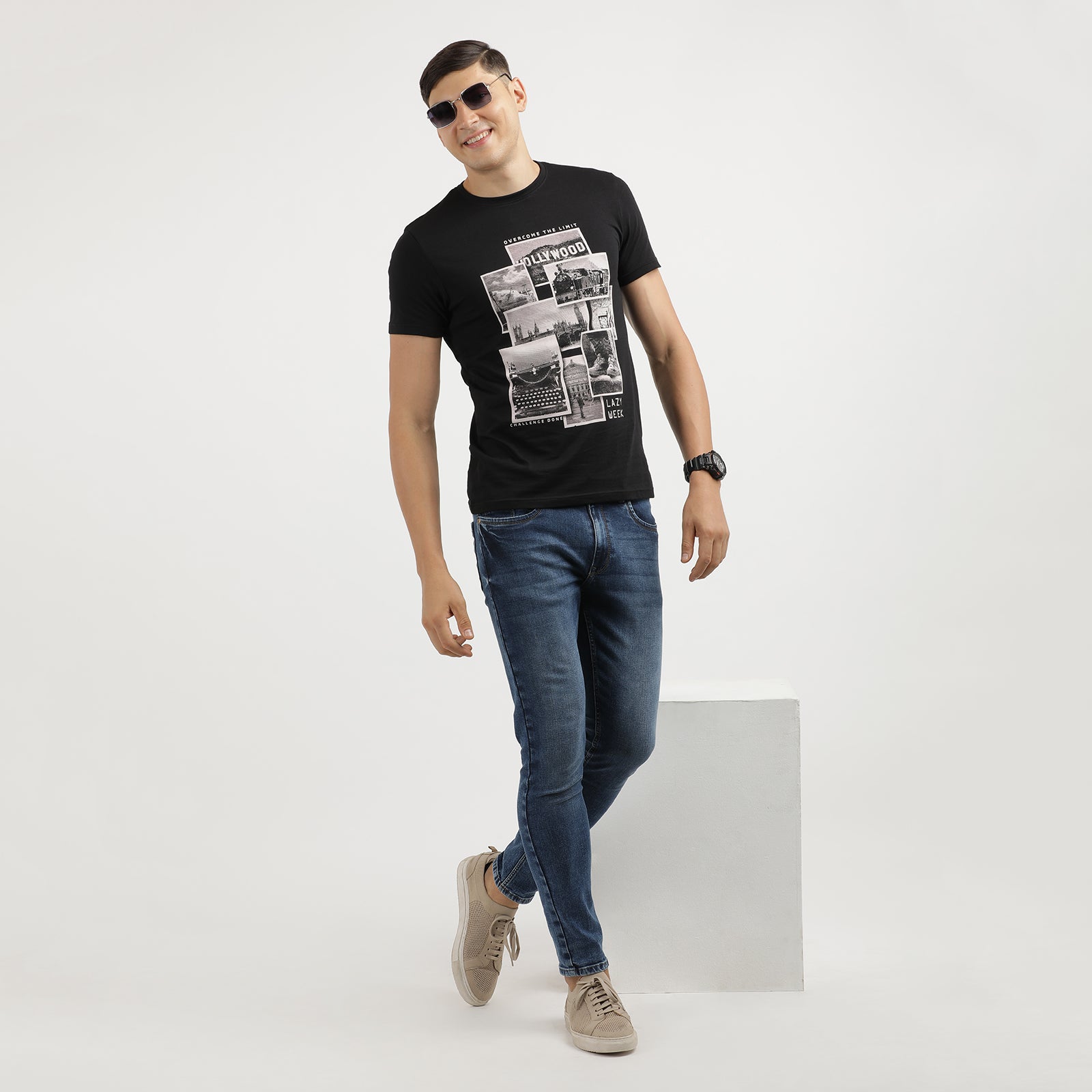 Men's Jet Black Over The Limit Lazy Week Round Neck Graphic Printed T-Shirt