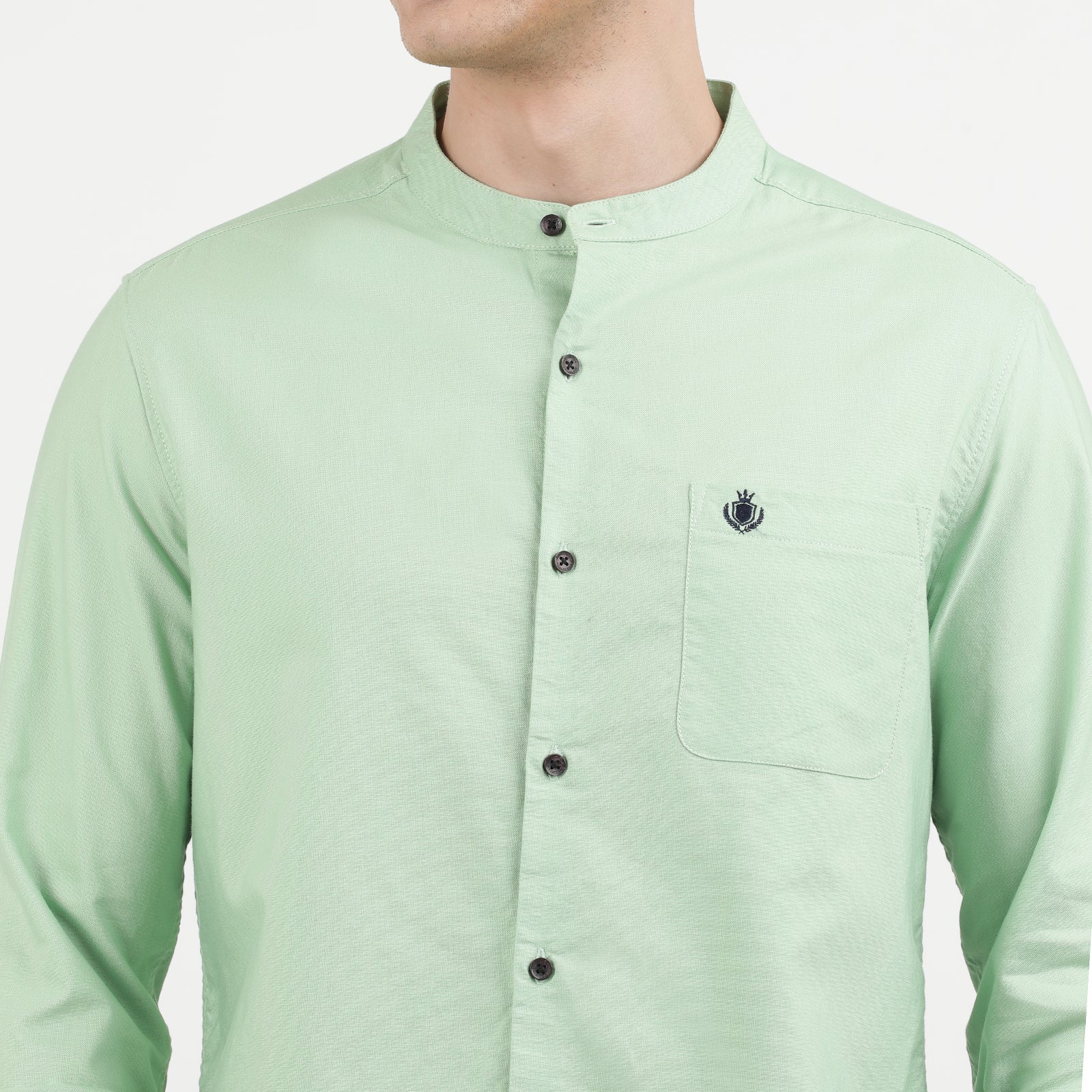 Green Solid Oxford Fabric Mandarin Collar Full Sleeve Casual Shirt