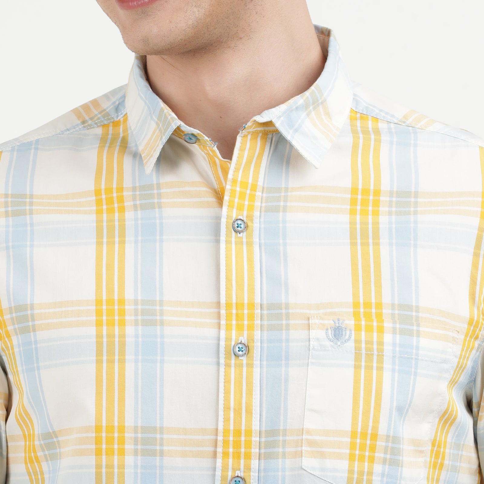 Men's Yellow and Light Blue Plaid Button Down Shirt