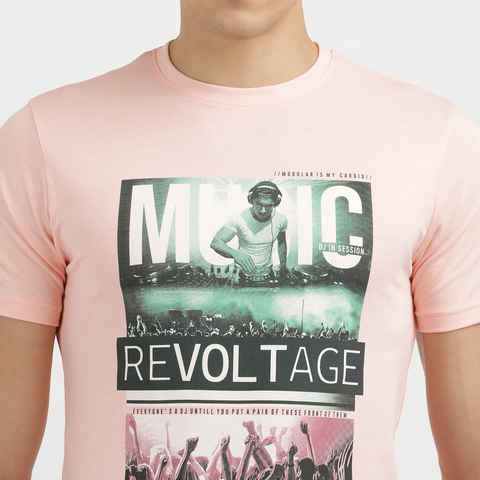 Men's Impatiens Pink Music Re voltage Progressive Electro Crew Neck Graphic Printed T-Shirt