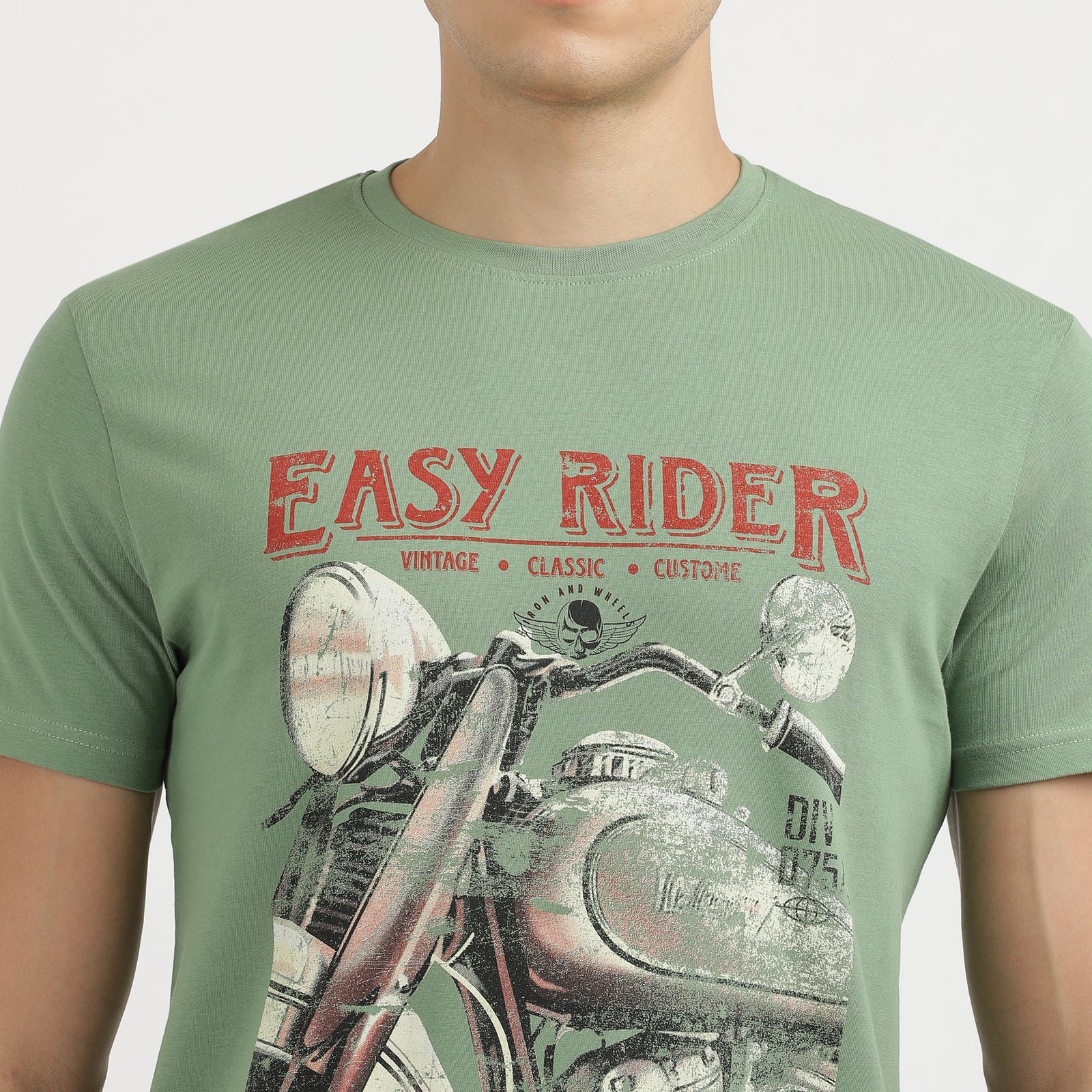 Men's Turf Green Easy Rider Vintage Classic Round Neck Printed T-Shirt