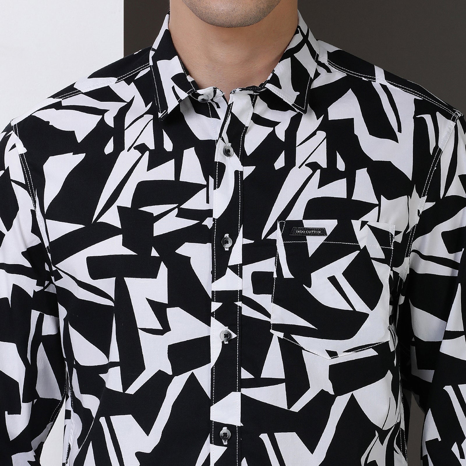 Indo Cotton Black & White printed full sleeve shirt