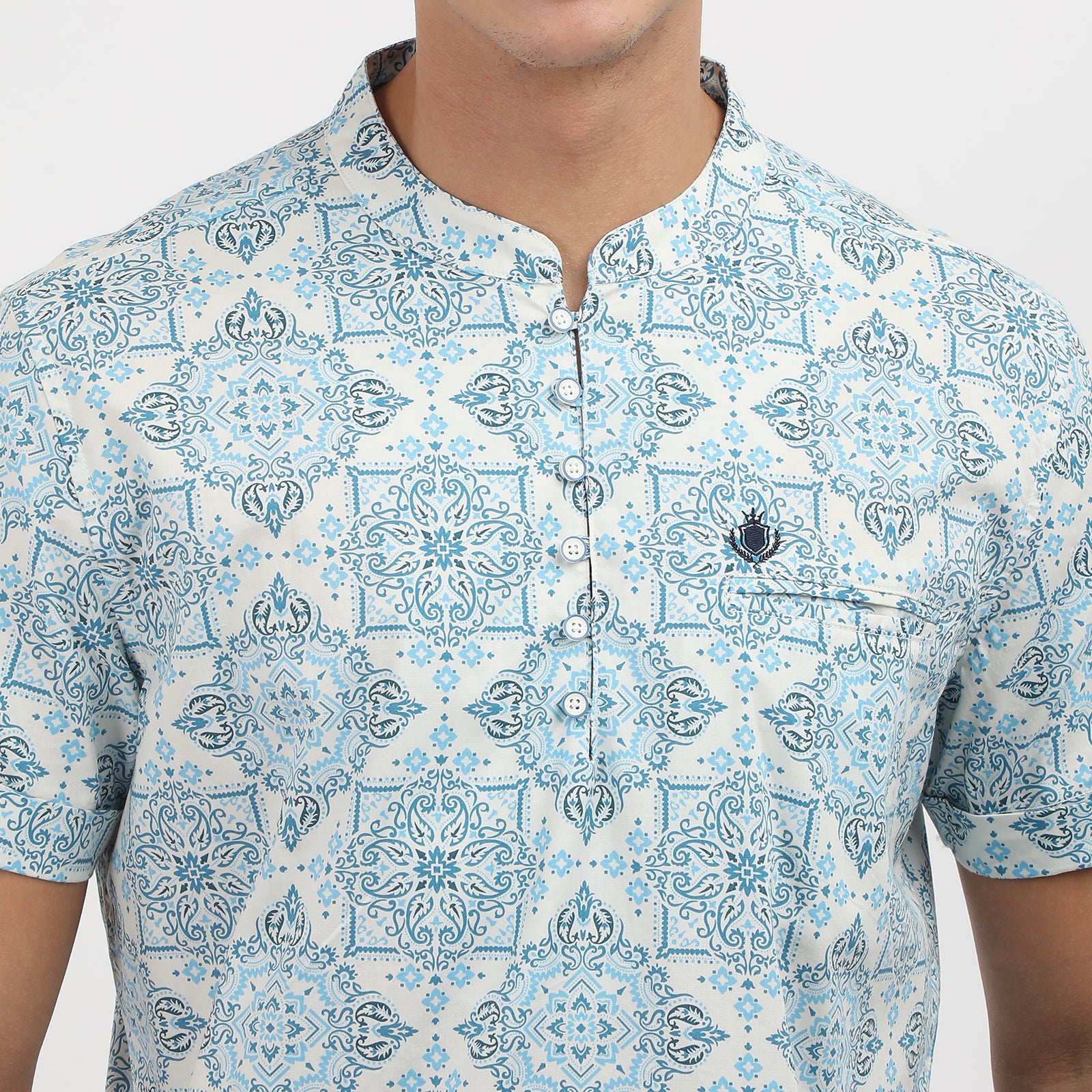 Men's Blue Coloured Floral Printed Half Sleeve Kurthi