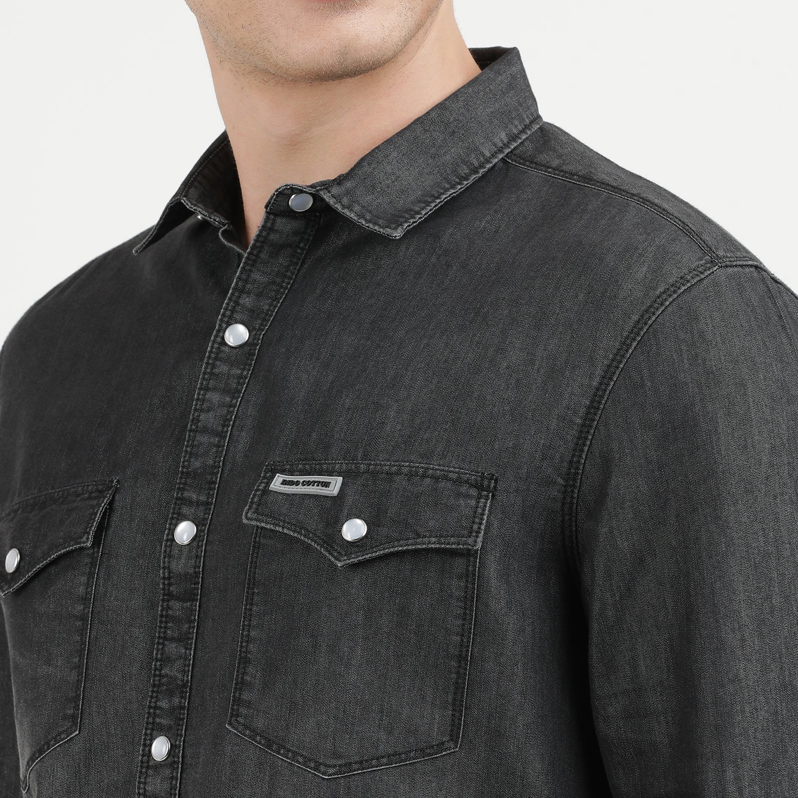 Denim Black Heavy Wash Half and Half Full Sleeve Casual Shirt