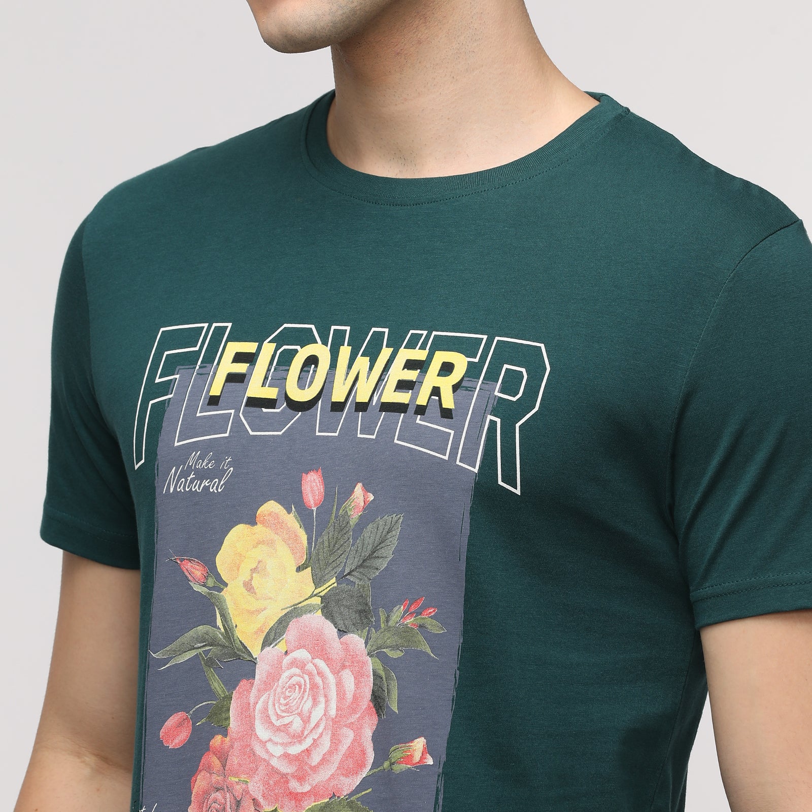 Indo Cotton Men Green Printed Crew Neck T-Shirt