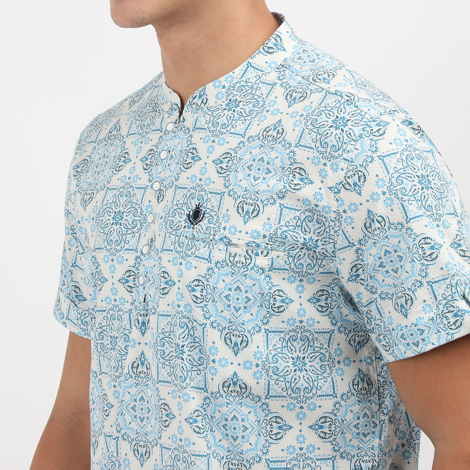 Men's Blue Coloured Floral Printed Half Sleeve Kurthi
