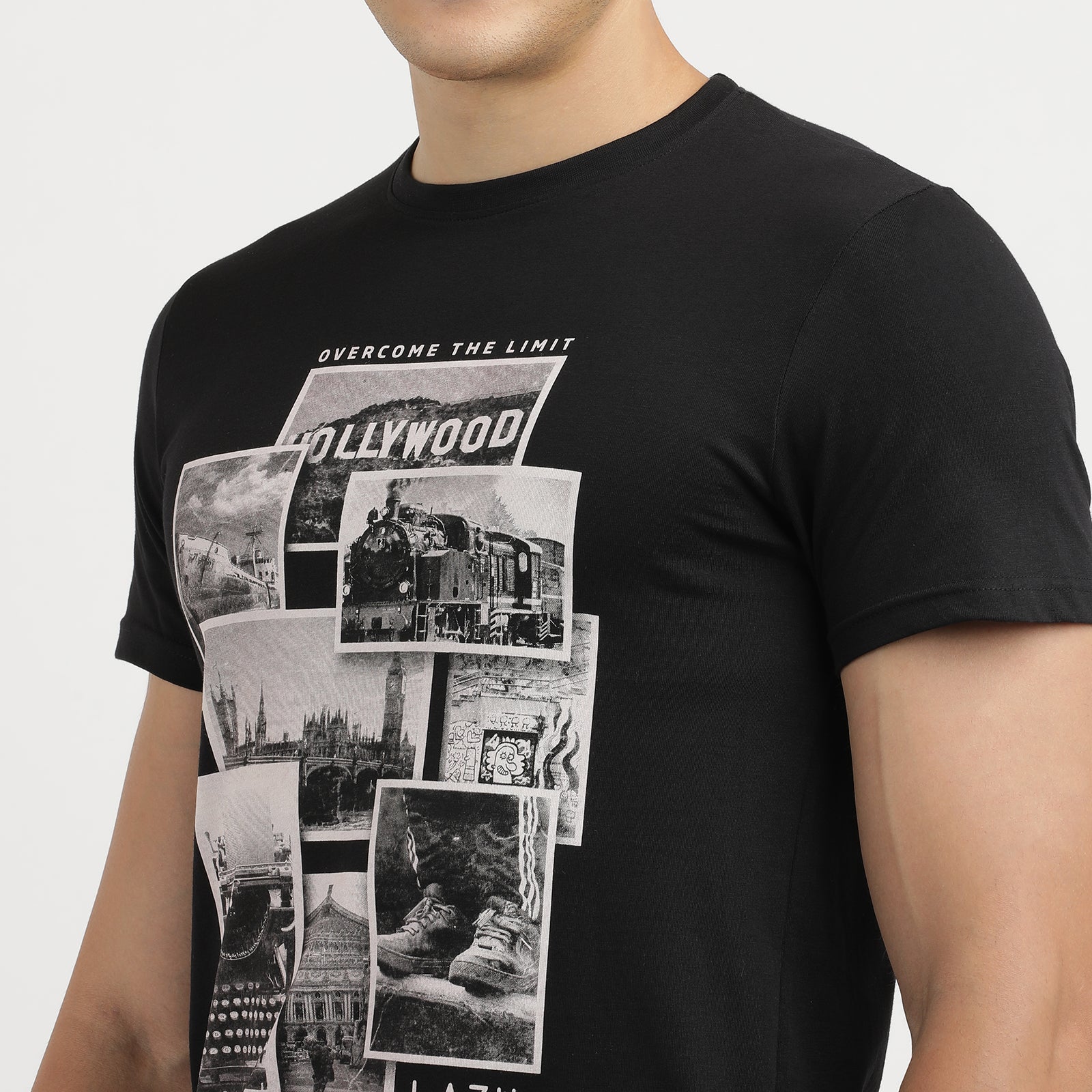 Men's Jet Black Over The Limit Lazy Week Round Neck Graphic Printed T-Shirt