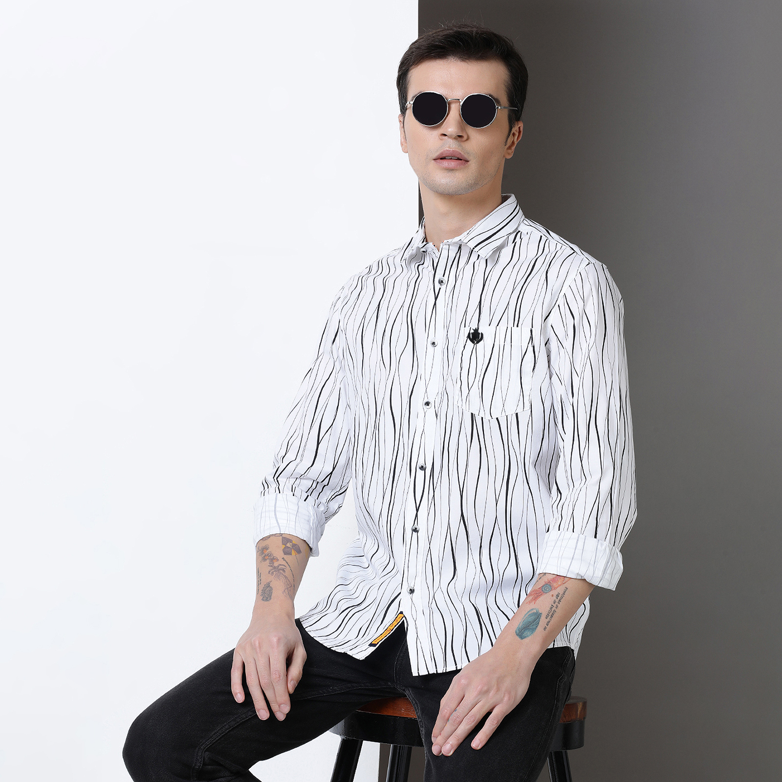Indo Cotton Men's Black & White printed full sleeve shirt