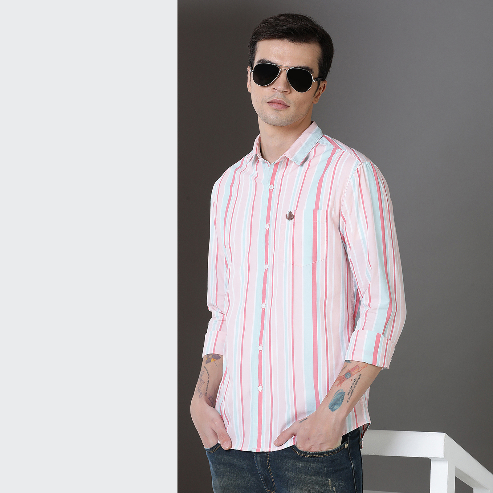Indo Cotton Men's Pink & green yarn dyed full sleeve shirt