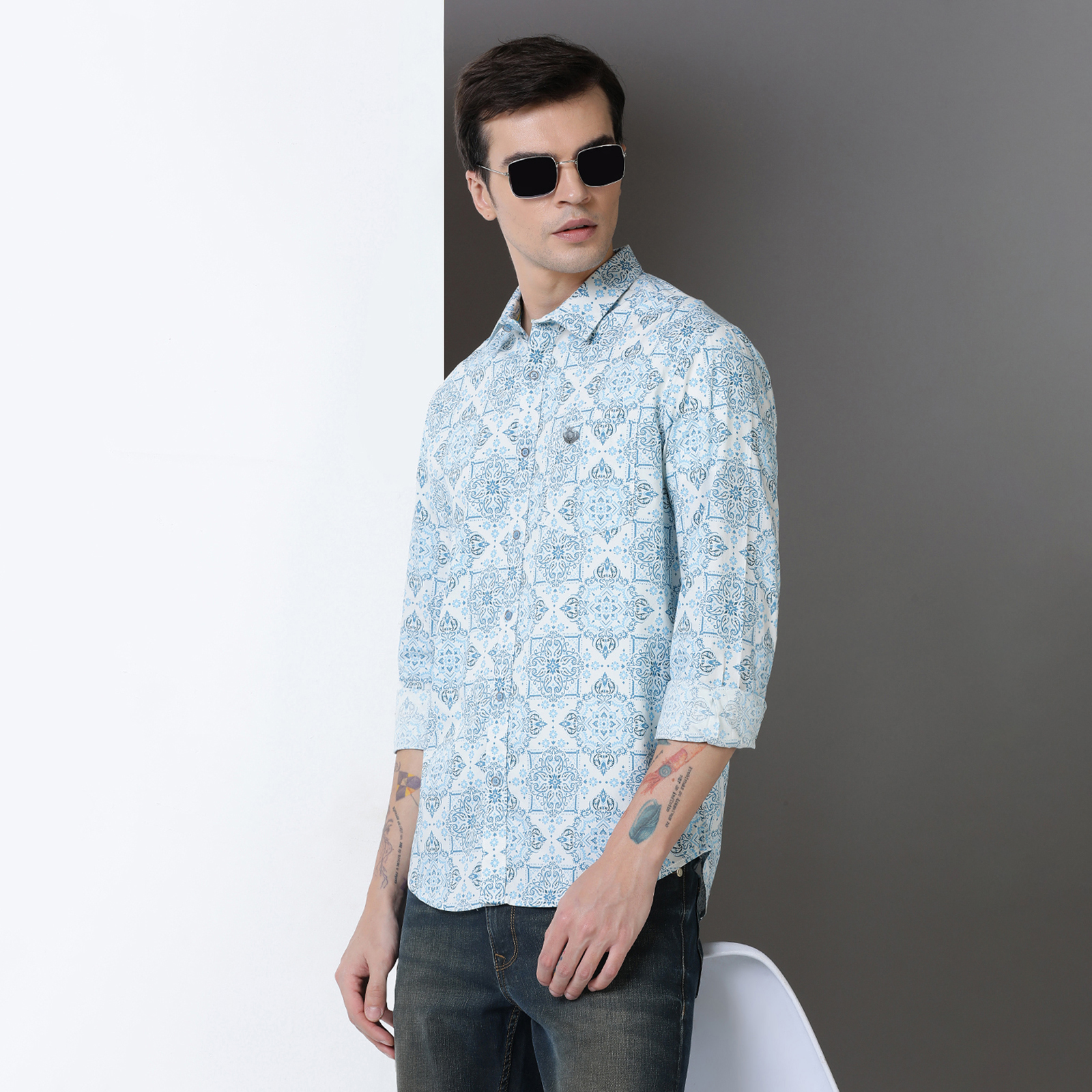 Indo Cotton Men's Teal & Blue Printed Full Sleeve Shirt